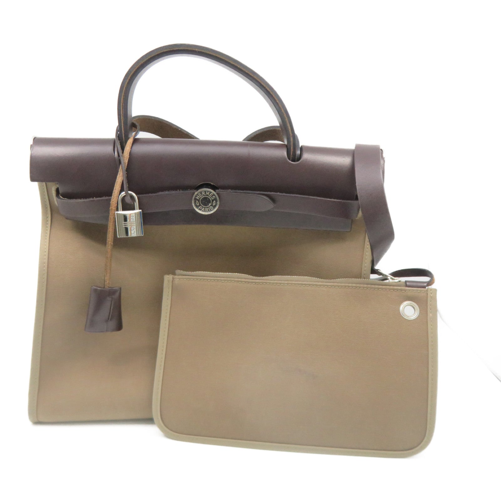 HERMES 【激減優惠】帆布Herbag PM銀扣手挽肩背兩用袋Etoupe大象灰