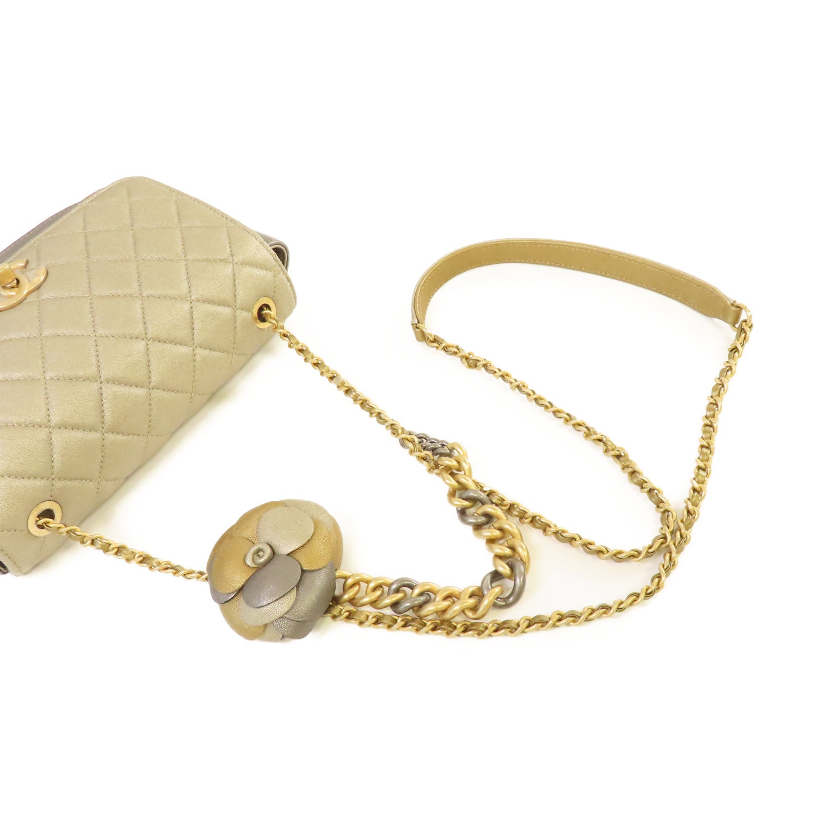 CHANEL 菱格牛皮皮革Camellia Flower Bag金扣鏈帶肩背袋灰色/金色