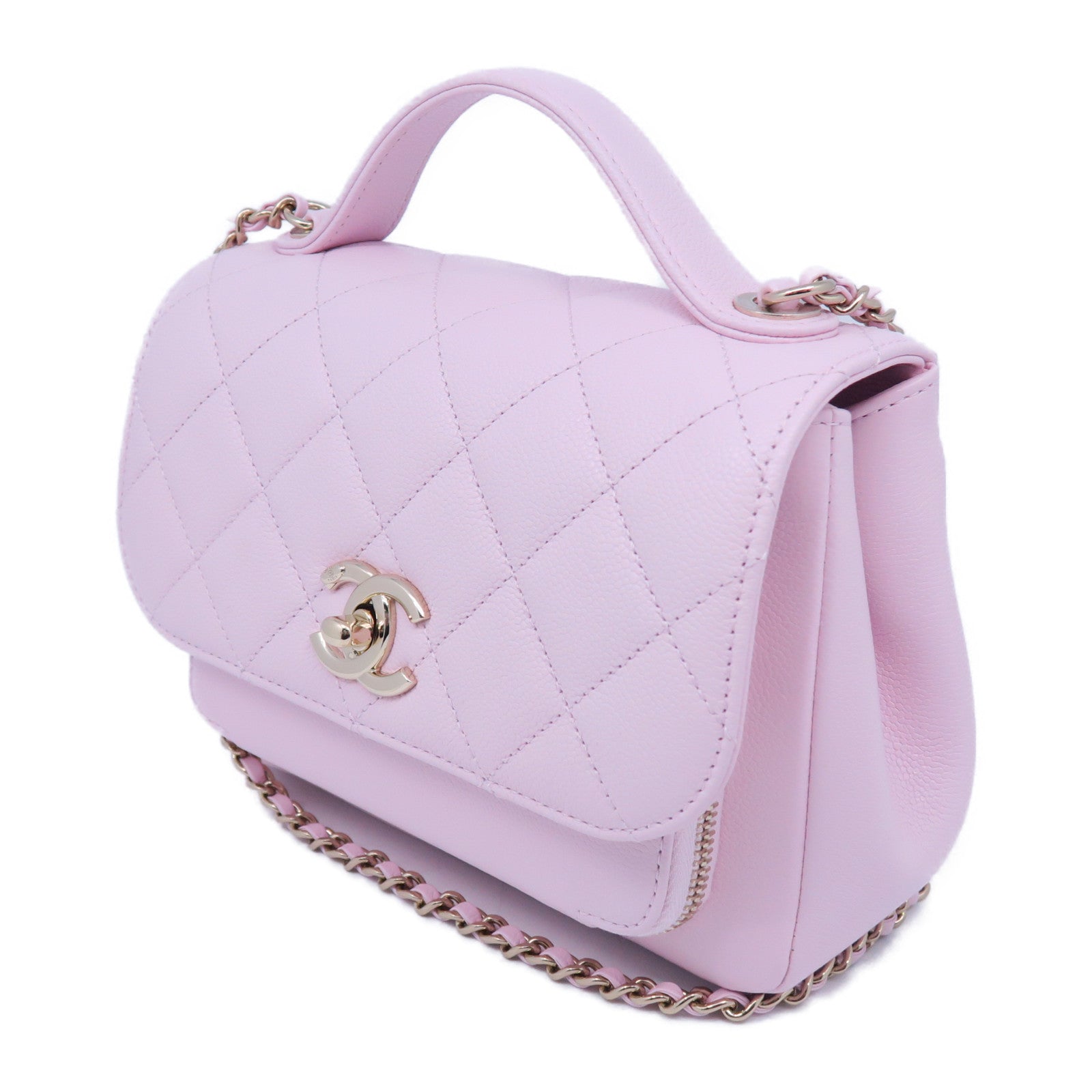 CHANEL 菱格牛皮皮革Chain Shoulder金扣鏈帶肩背袋粉紅色