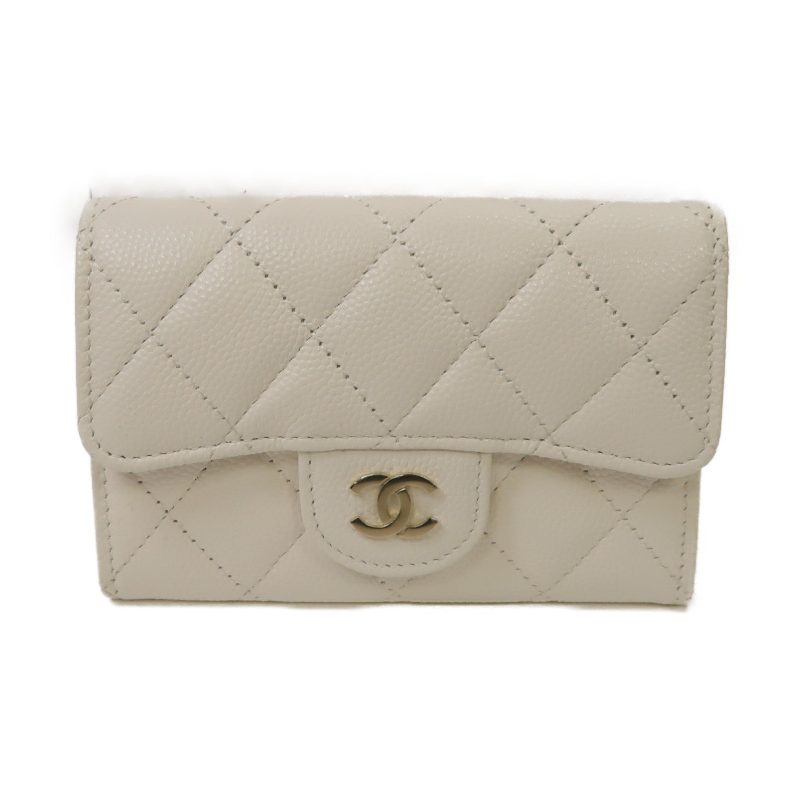 CHANEL 菱格Caviar皮革Card Case金扣卡片套白色