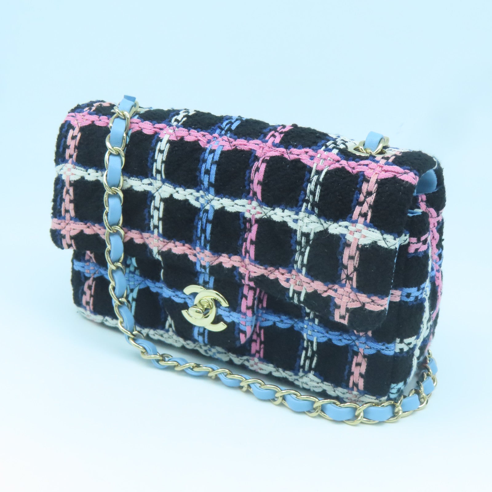 CHANEL Wool/Tweed Mini Flap Bag Gold Buckle Chain Shoulder Bag Black/Pink/Light Blue/White