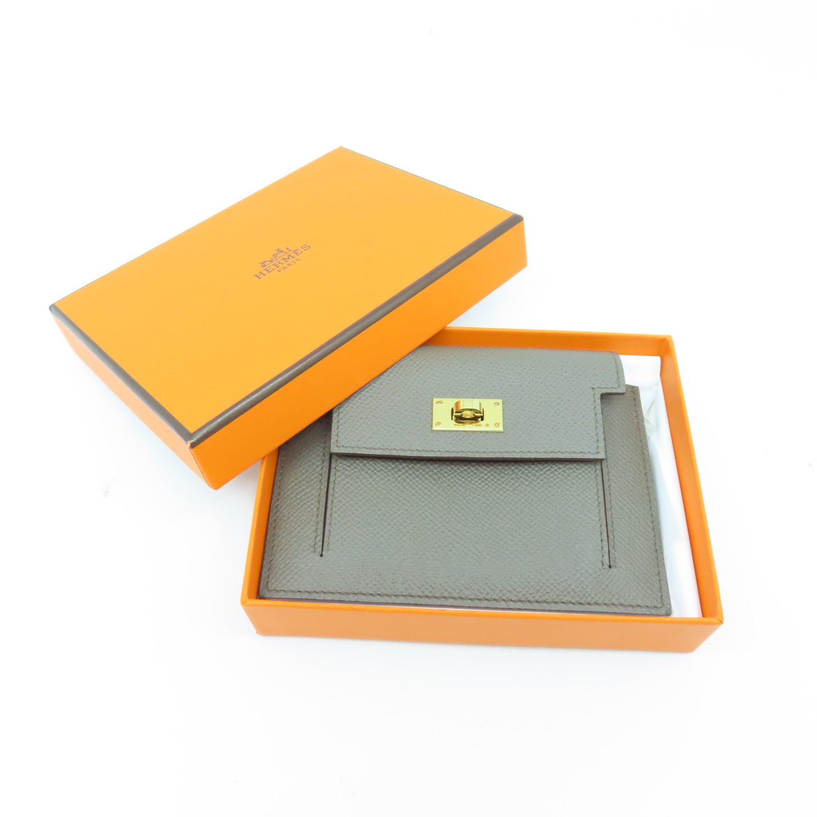 HERMES Veau Epsom皮革Kelly Pocket金扣錢包錫器灰色
