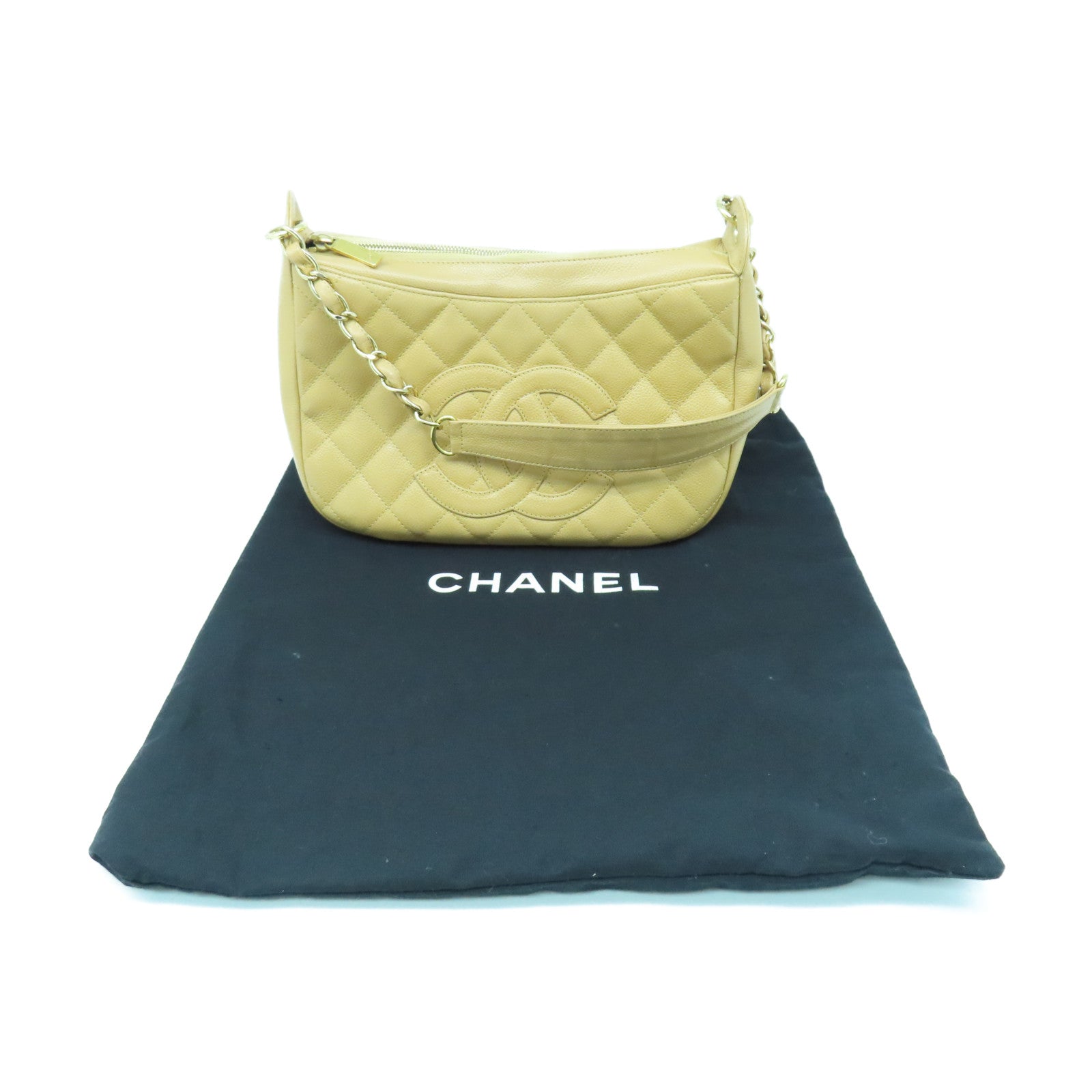 CHANEL 菱格Caviar皮革Timeless CC金扣鏈帶肩背袋米色