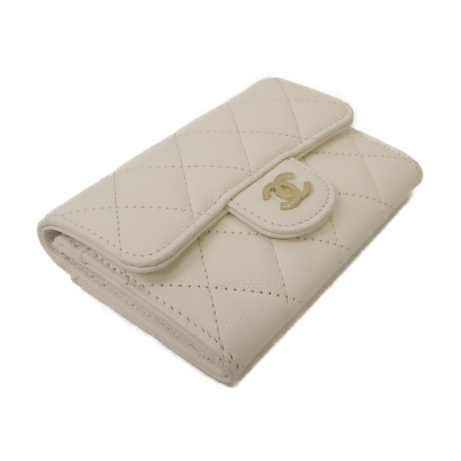 CHANEL 菱格Caviar皮革Card Case金扣卡片套白色