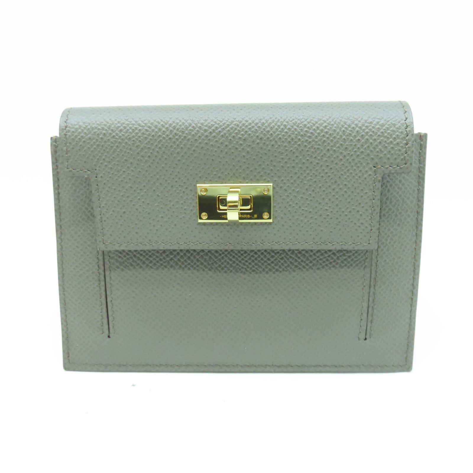 HERMES Veau Epsom皮革Kelly Pocket金扣錢包錫器灰色