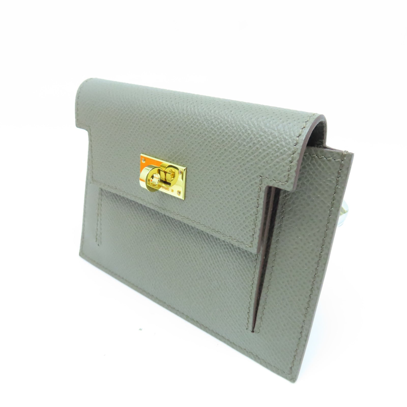HERMES Veau Epsom皮革Kelly Pocket金扣錢包錫器灰色