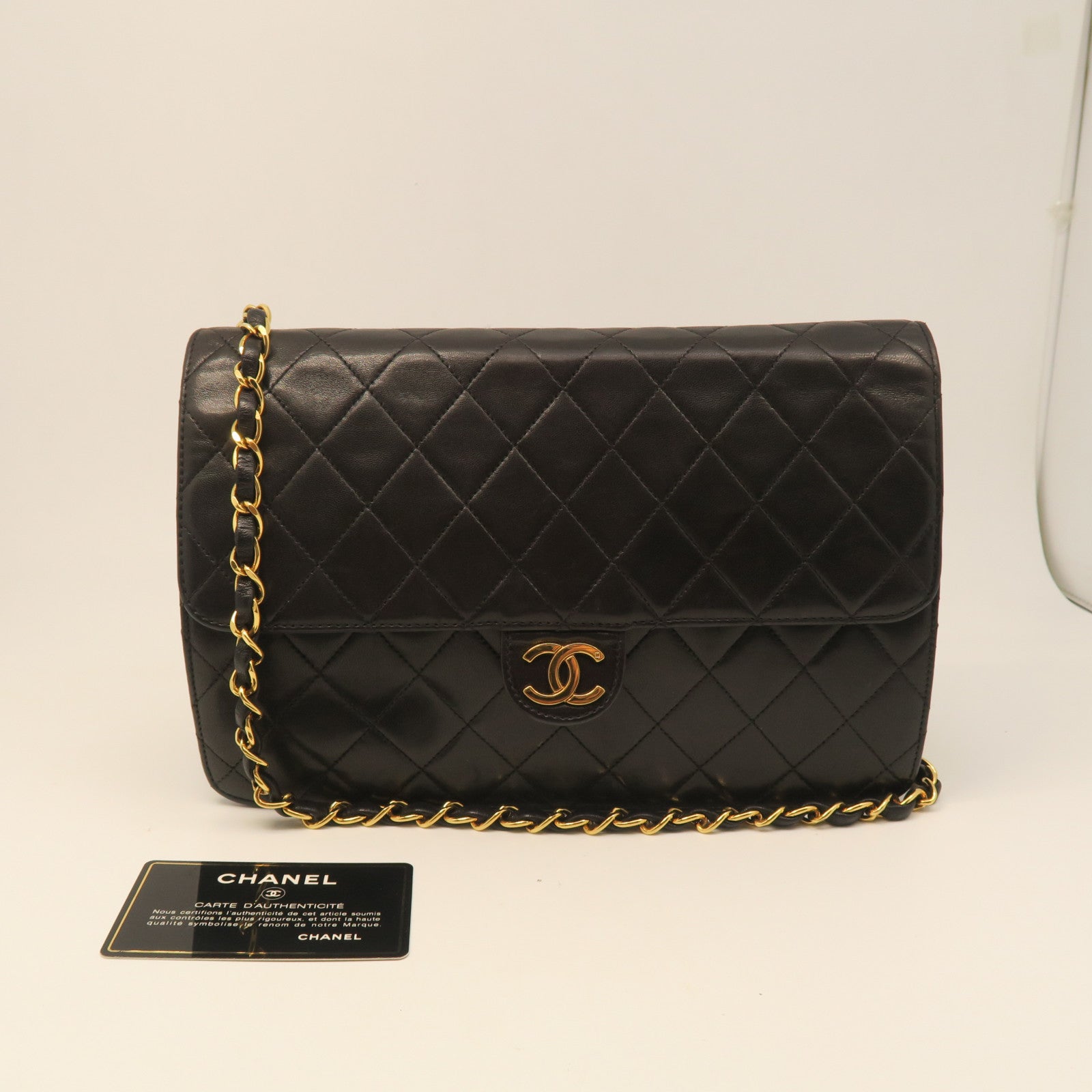 CHANEL 菱格羊皮皮革Vintage Flap Bag金扣鏈帶肩背袋黑色