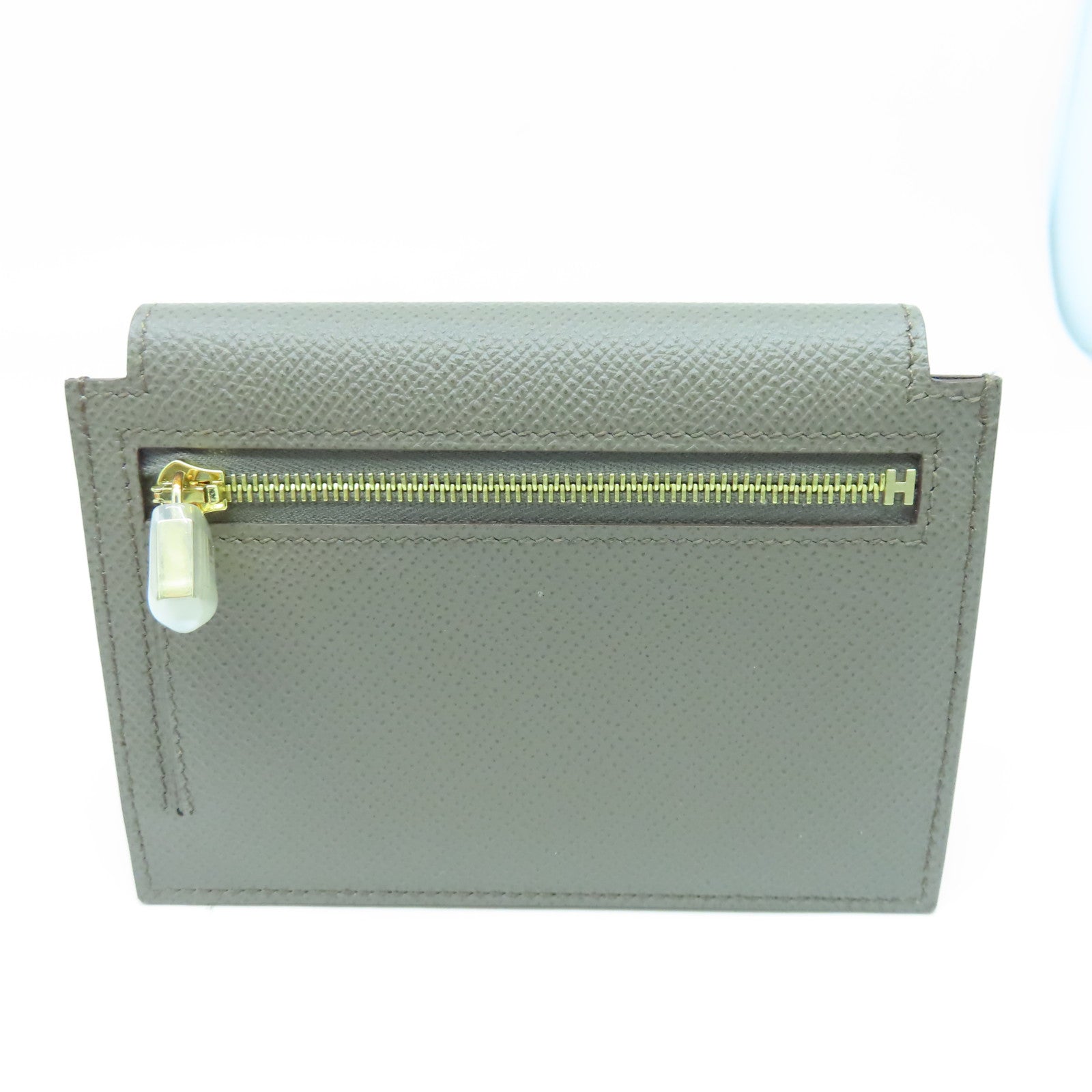 HERMES Veau Epsom皮革Kelly Pocket金扣錢包錫器灰色