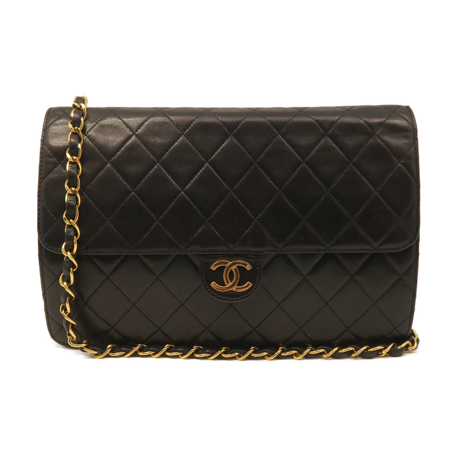 CHANEL 菱格羊皮皮革Vintage Flap Bag金扣鏈帶肩背袋黑色