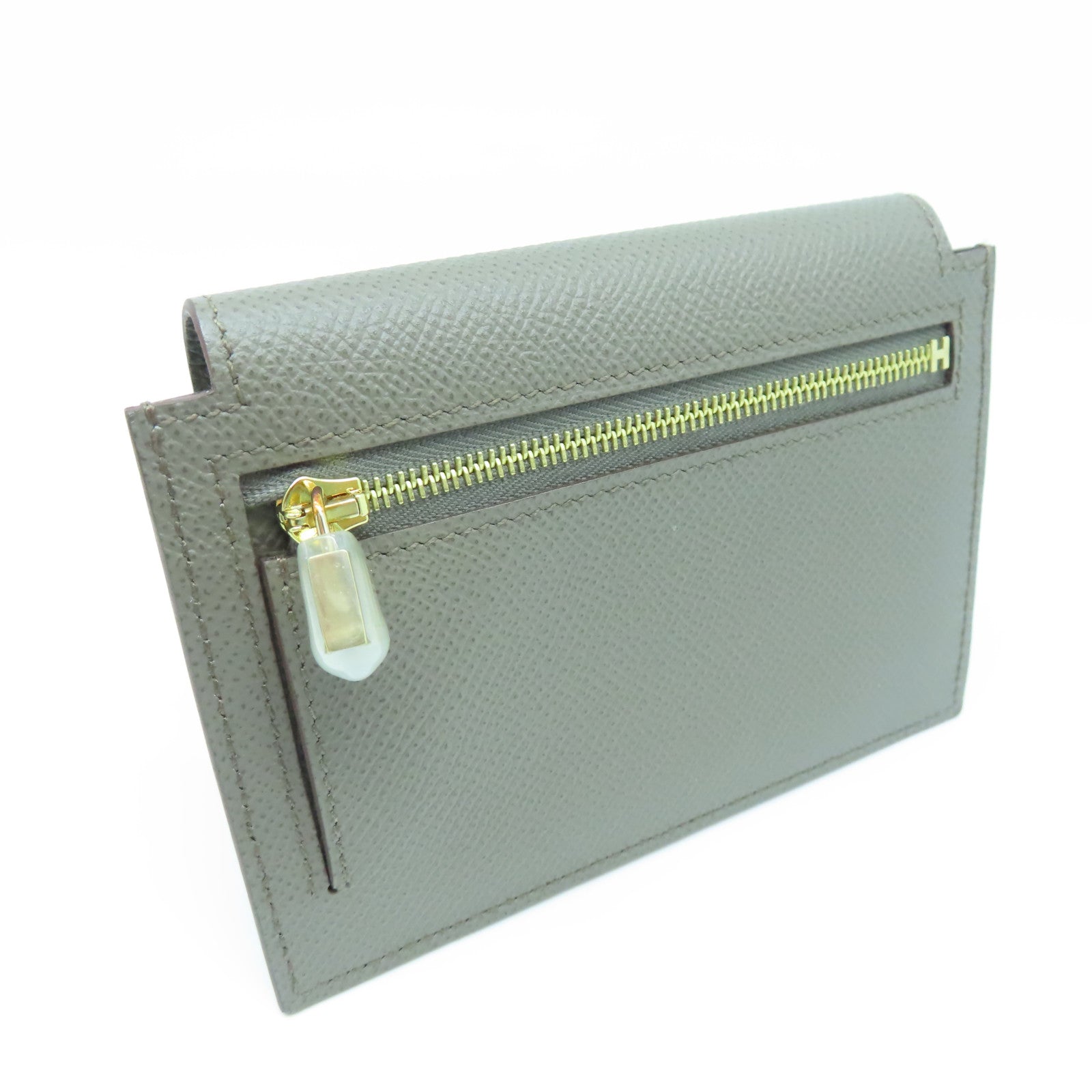 HERMES Veau Epsom皮革Kelly Pocket金扣錢包錫器灰色