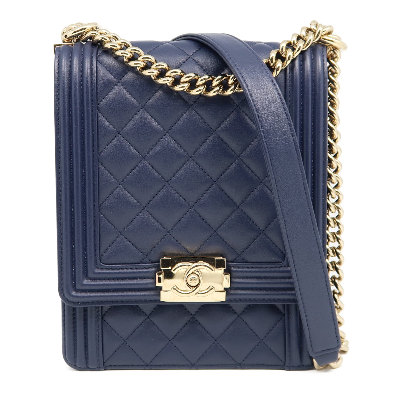CHANEL 菱格牛皮皮革Boy North South Chain Shoulder Bag金扣鏈帶肩背袋藍色