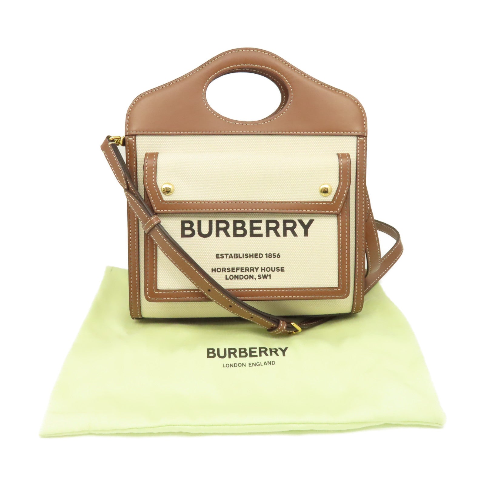 BURBERRY 帆布/牛皮皮革Mini Two-Tone Pocket Bag手挽肩背兩用袋米白色/啡色