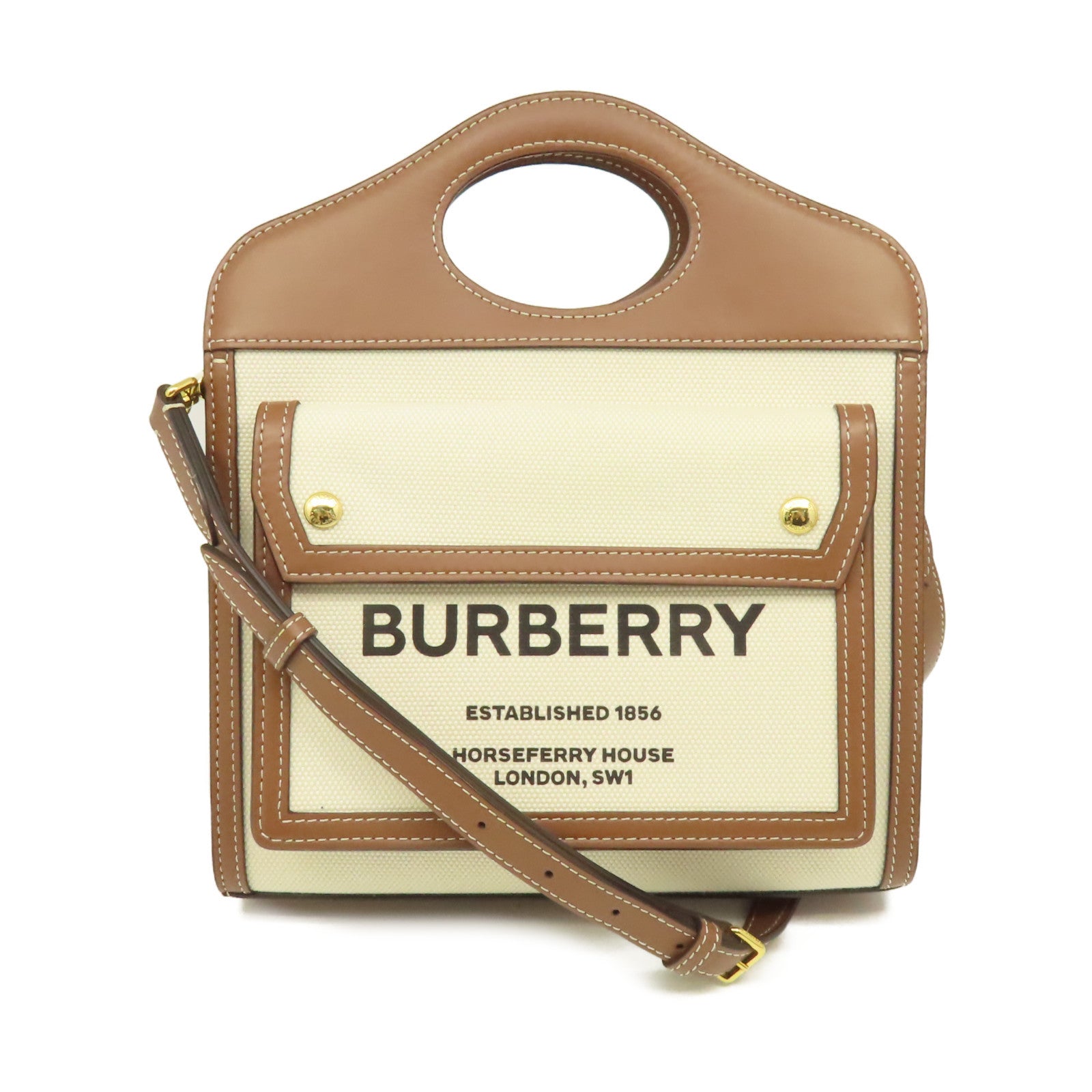 BURBERRY 帆布/牛皮皮革Mini Two-Tone Pocket Bag手挽肩背兩用袋米白色/啡色