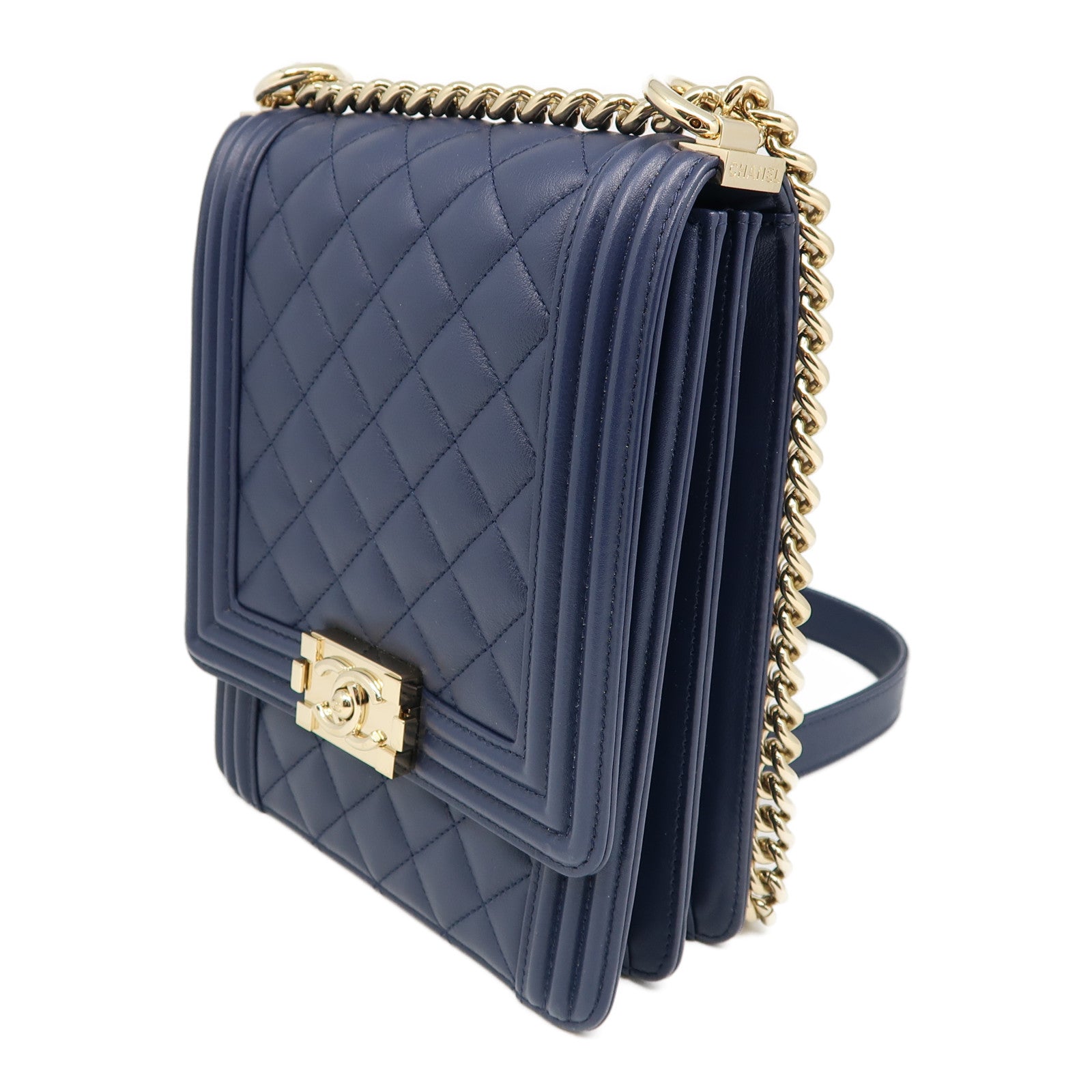 CHANEL 菱格牛皮皮革Boy North South Chain Shoulder Bag金扣鏈帶肩背袋藍色