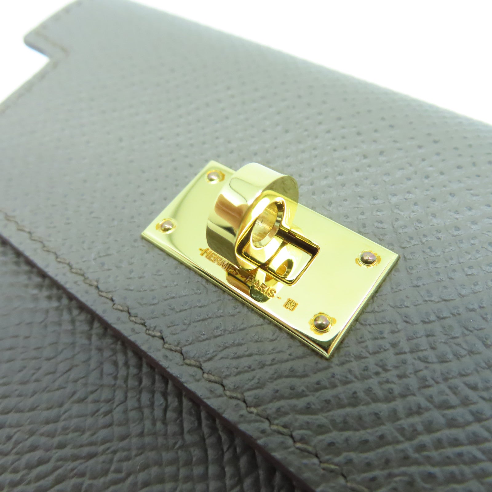 HERMES Veau Epsom皮革Kelly Pocket金扣錢包錫器灰色