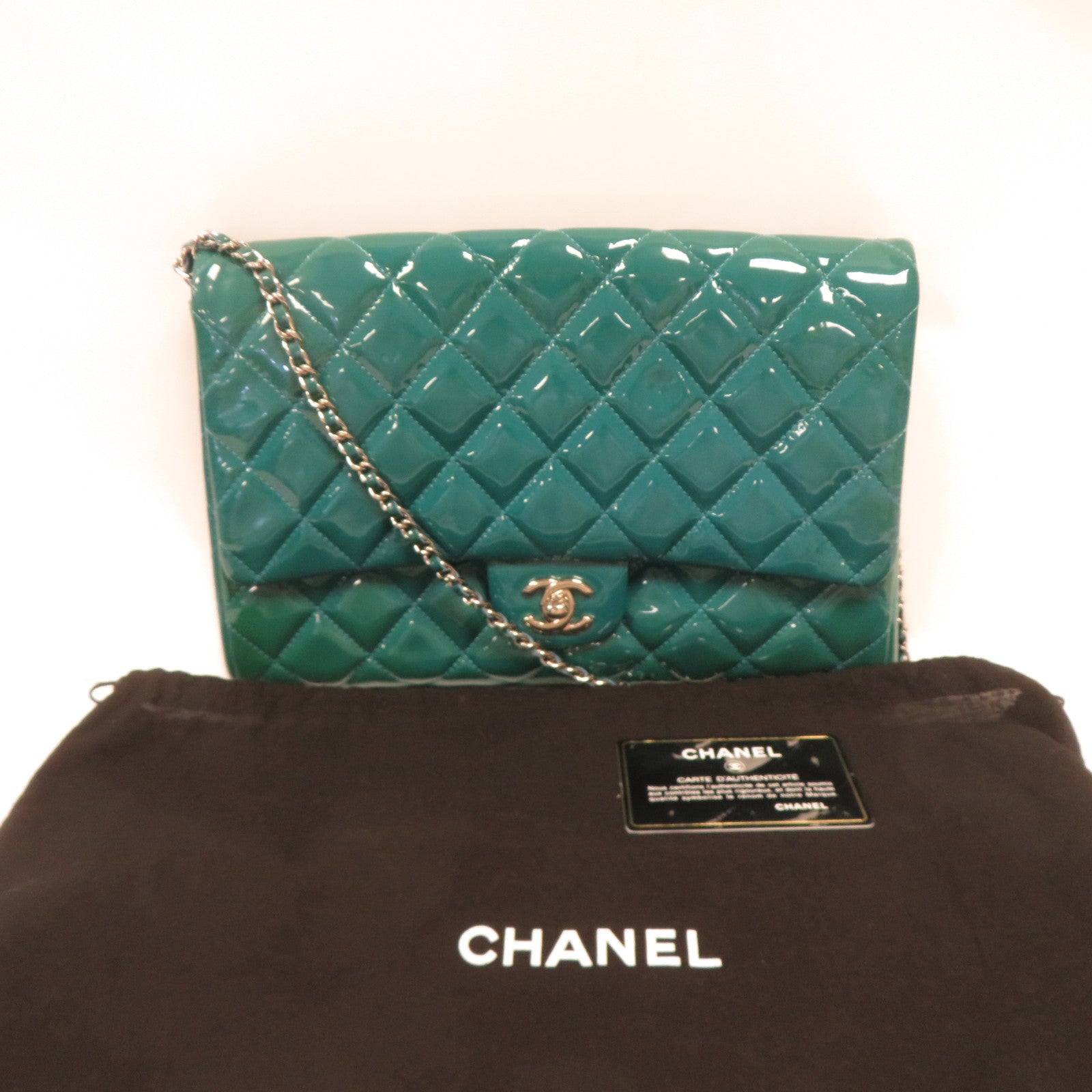 CHANEL 菱格漆皮皮革Chain Shoulder銀扣鏈帶肩背袋綠色