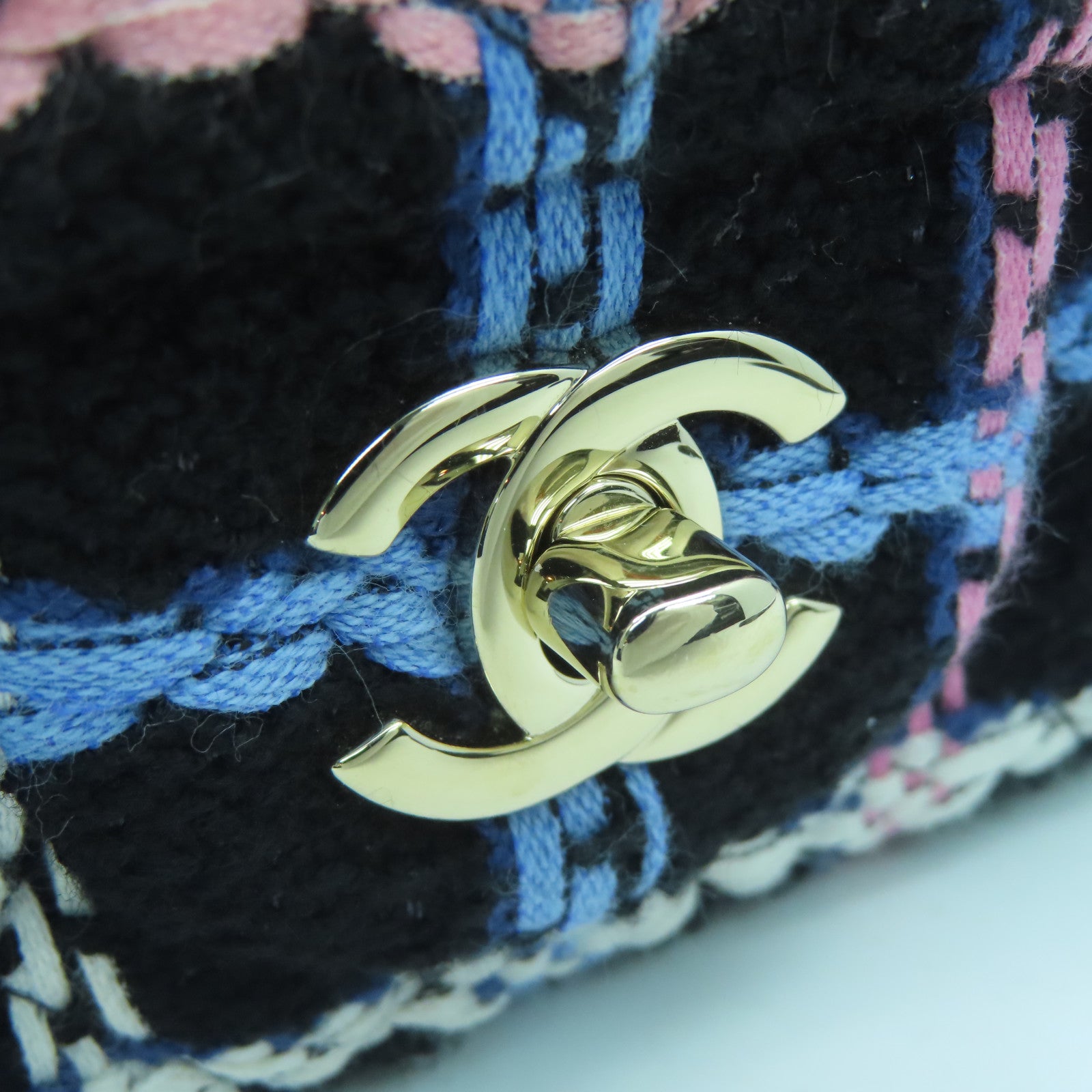 CHANEL Wool/Tweed Mini Flap Bag Gold Buckle Chain Shoulder Bag Black/Pink/Light Blue/White