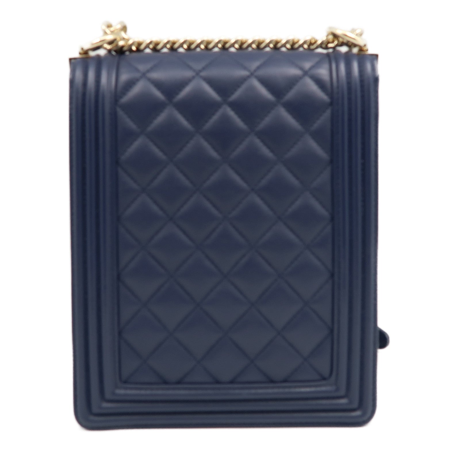 CHANEL 菱格牛皮皮革Boy North South Chain Shoulder Bag金扣鏈帶肩背袋藍色