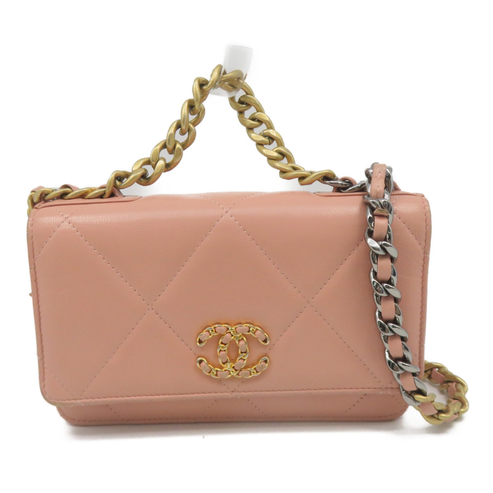 CHANEL 菱格羊皮皮革Wallet On Chain銀扣鏈帶肩背袋粉紅色