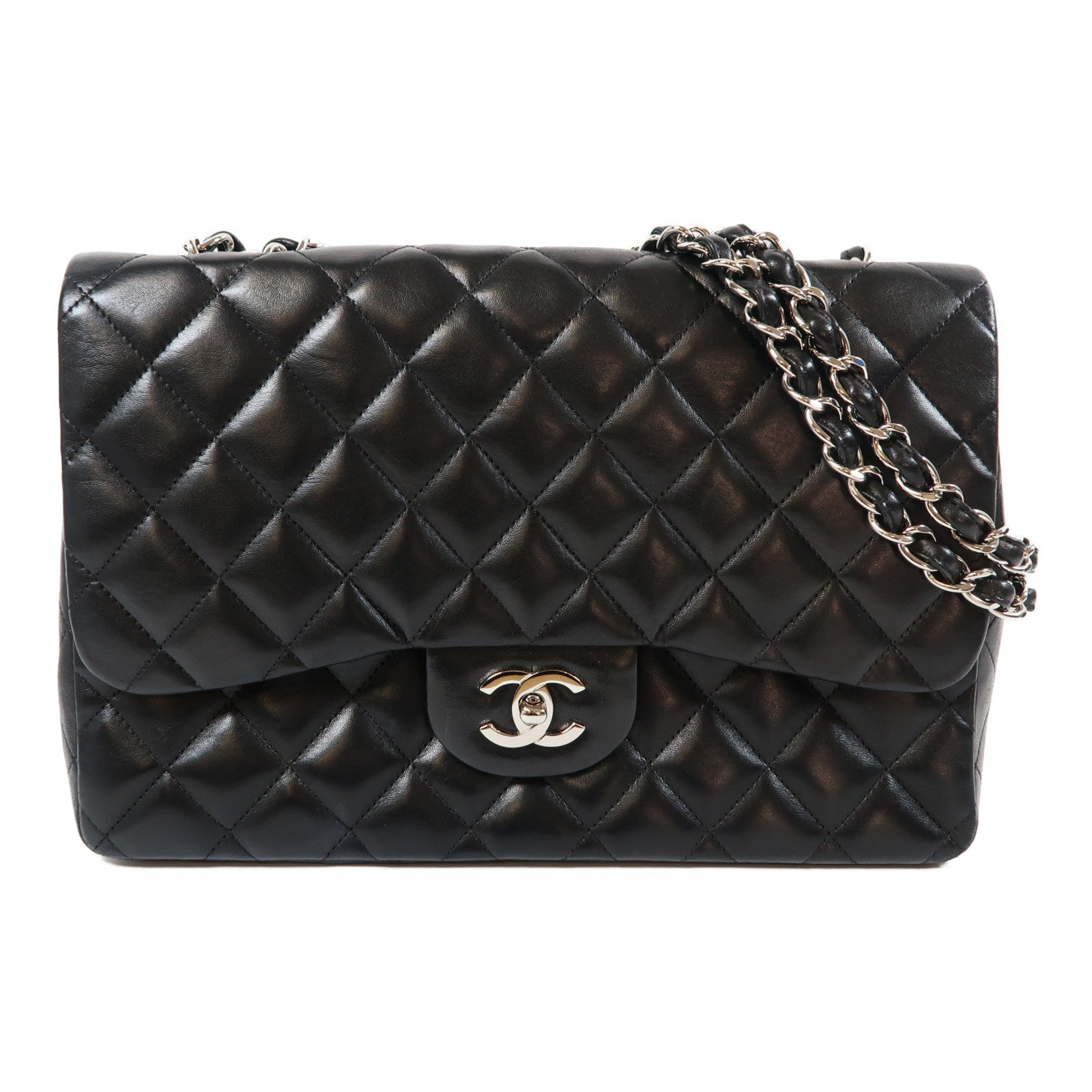 CHANEL 菱格羊皮皮革Classic Flap Jumbo銀扣鏈帶肩背袋黑色