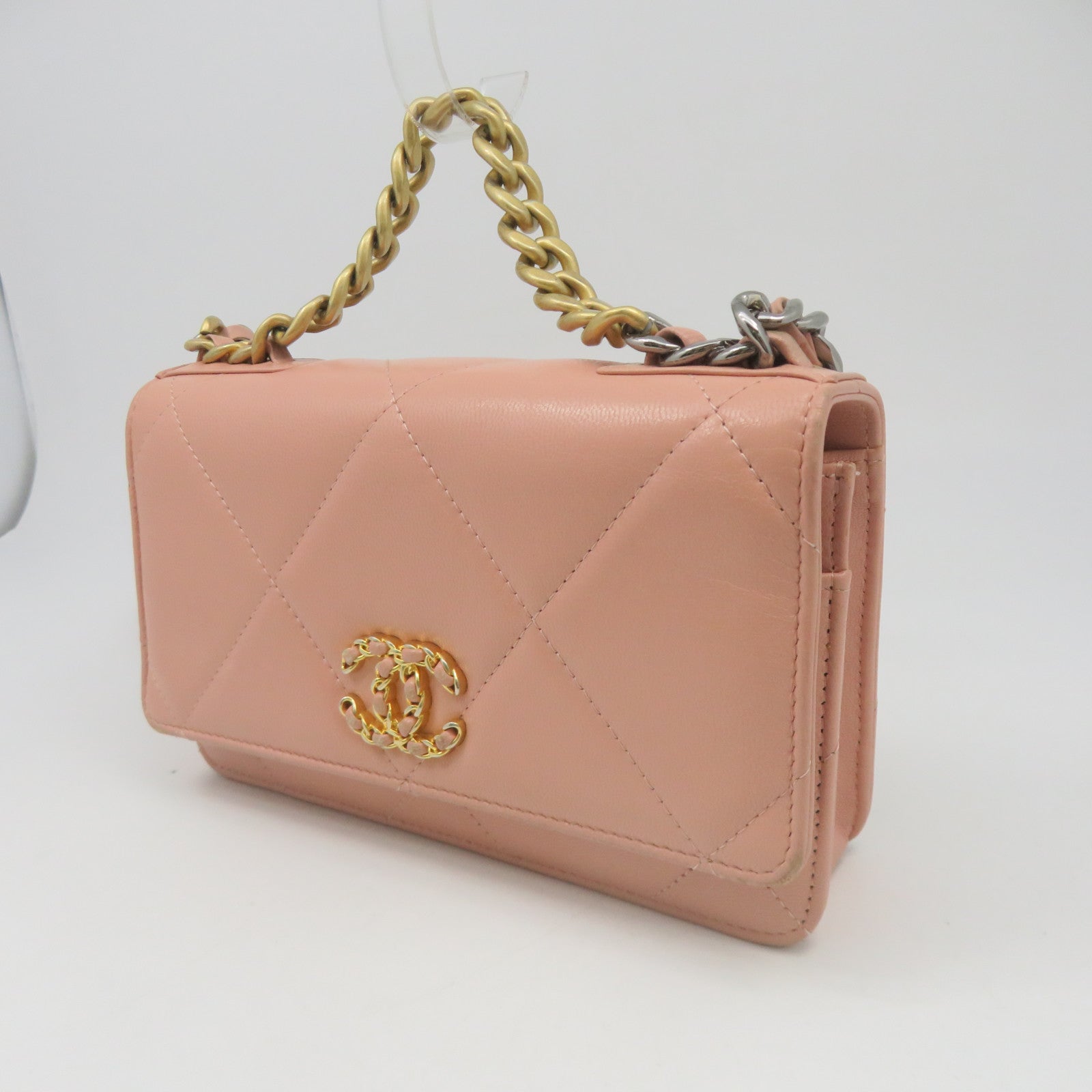 CHANEL 菱格羊皮皮革Wallet On Chain銀扣鏈帶肩背袋粉紅色