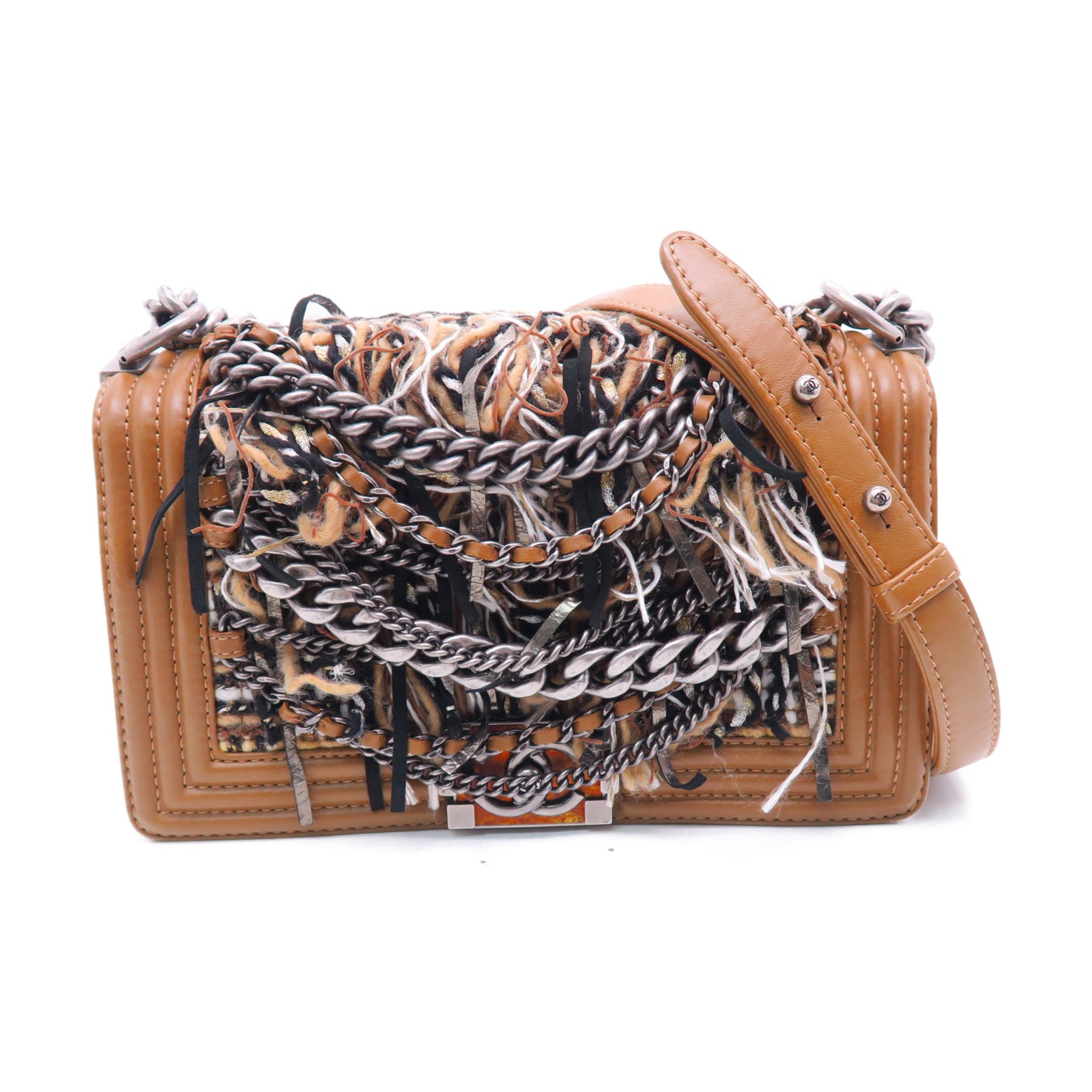 CHANEL Tweed/牛皮皮革Boy 25cm银扣肩背袋棕色