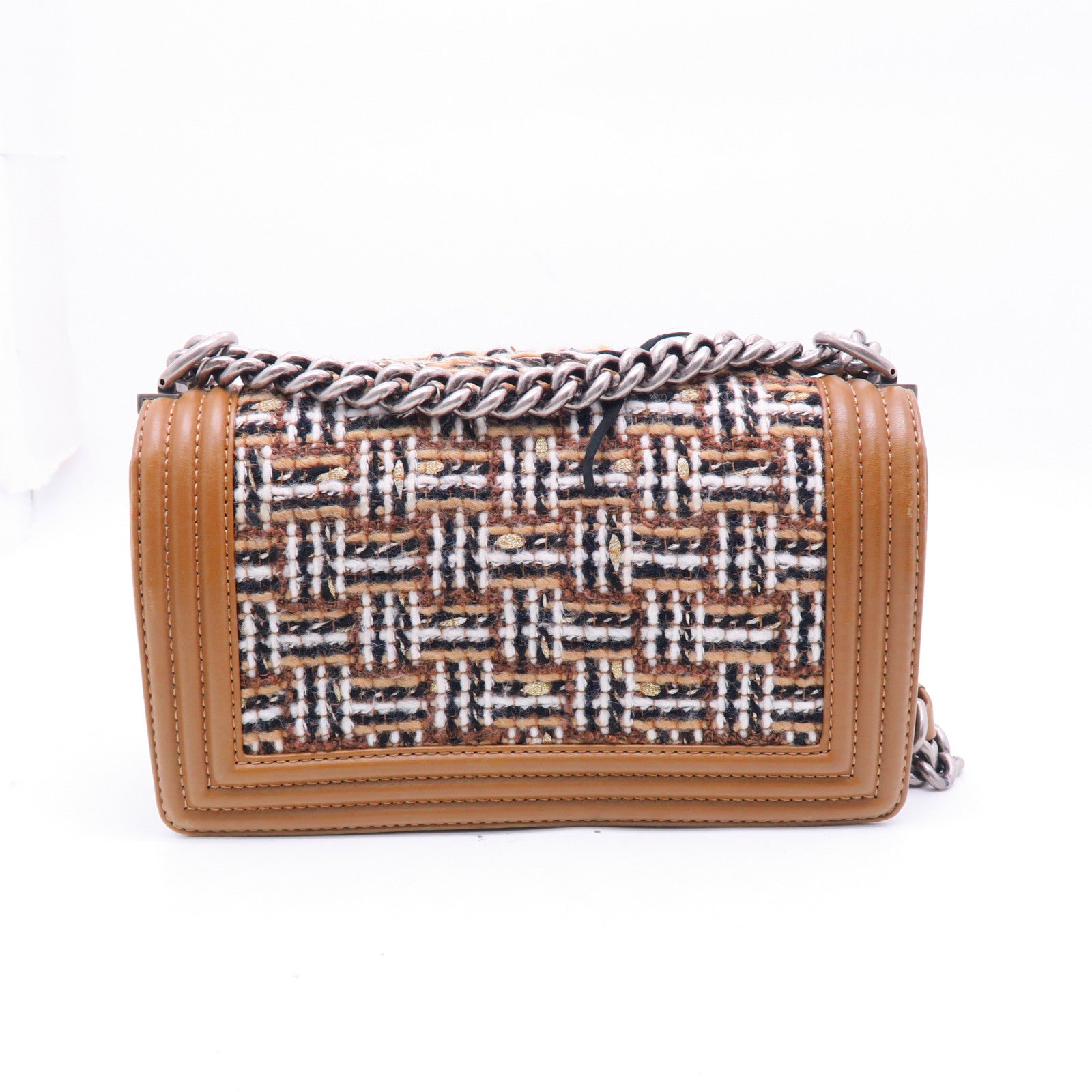 CHANEL Tweed/牛皮皮革Boy 25cm银扣肩背袋棕色