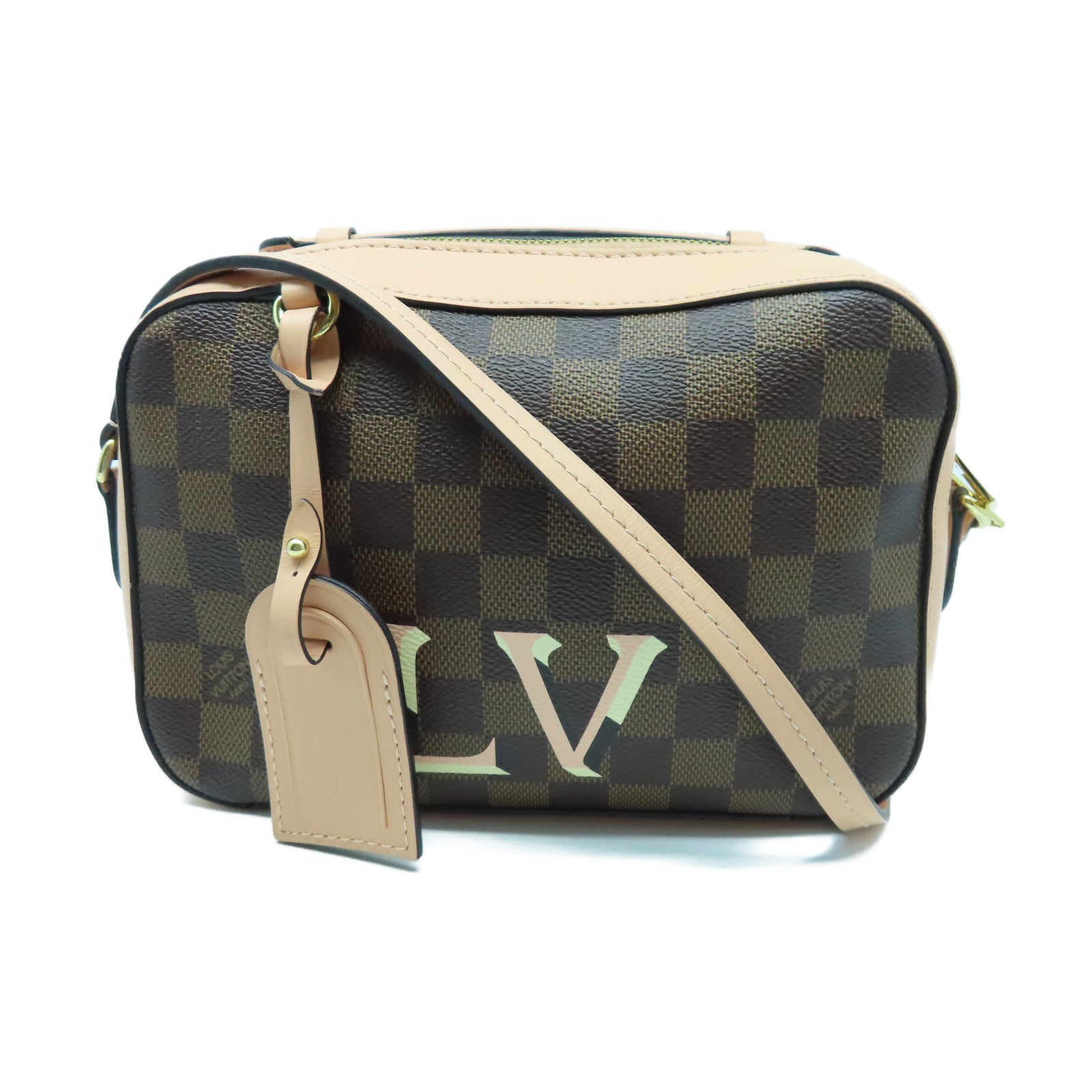 LOUIS VUITTON Damier Santa Monica金扣手挽肩背兩用袋棕色/粉紅色