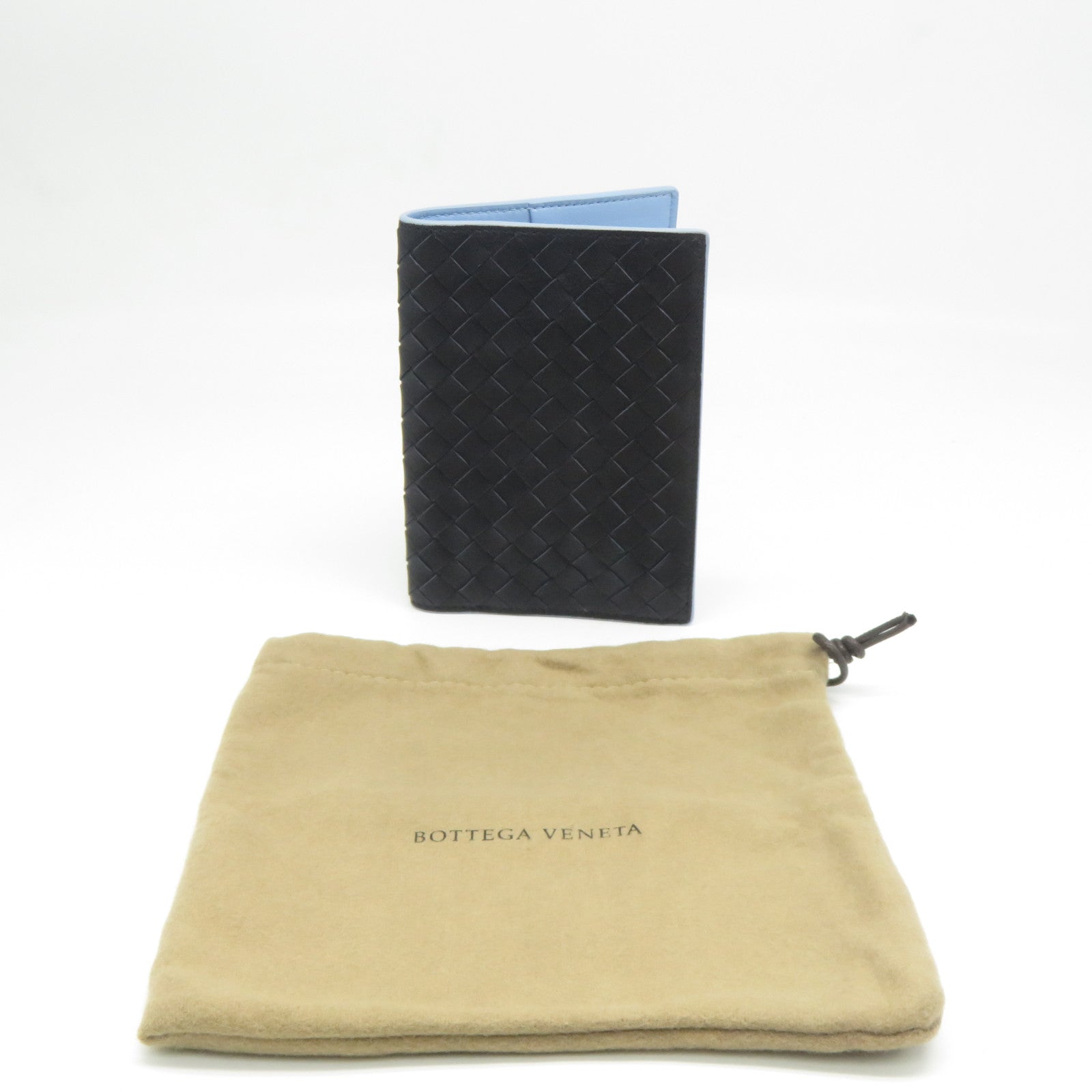 BOTTEGA VENETA 織紋皮革/牛皮皮革Passbook Case護照套黑色/藍色