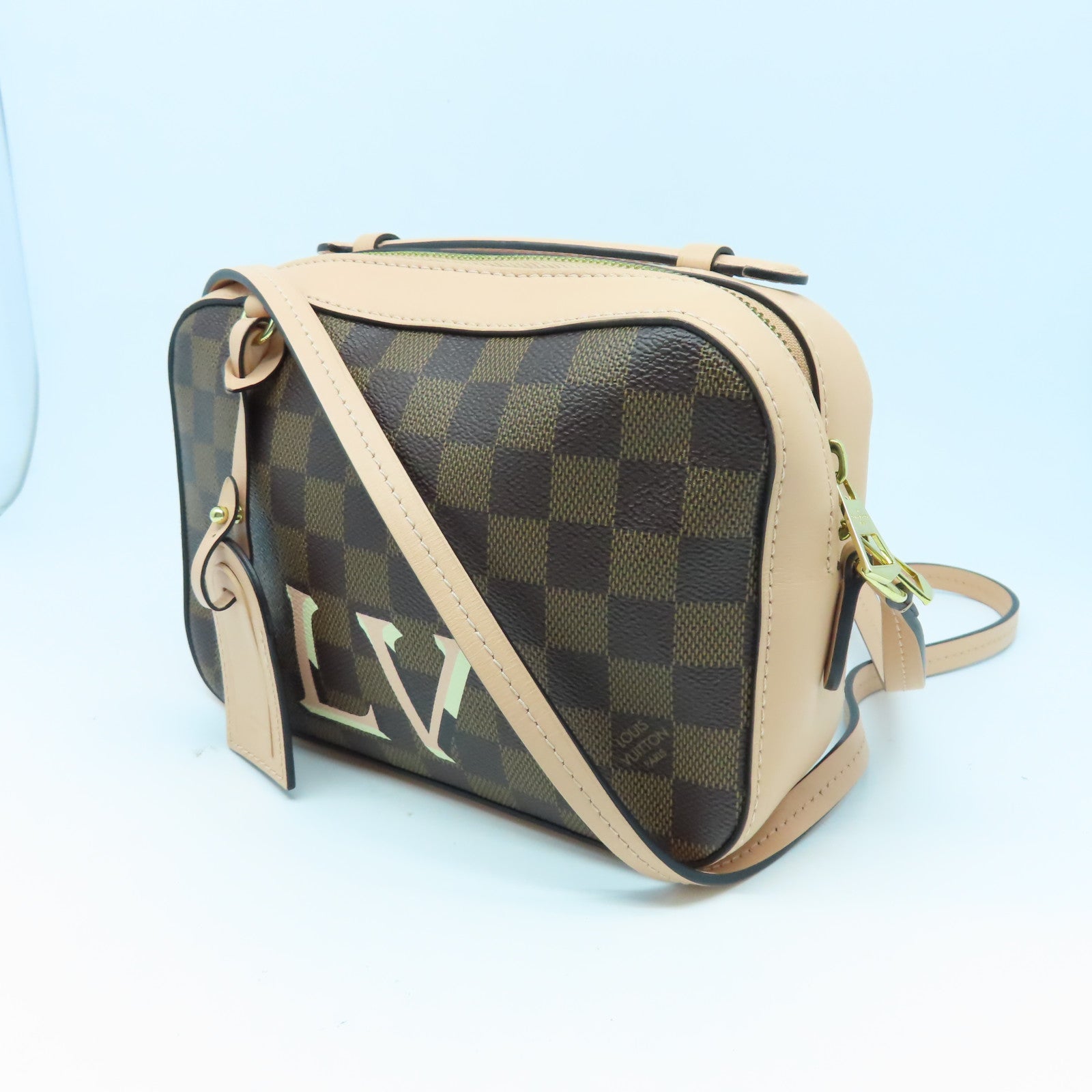 LOUIS VUITTON Damier Santa Monica金扣手挽肩背兩用袋棕色/粉紅色