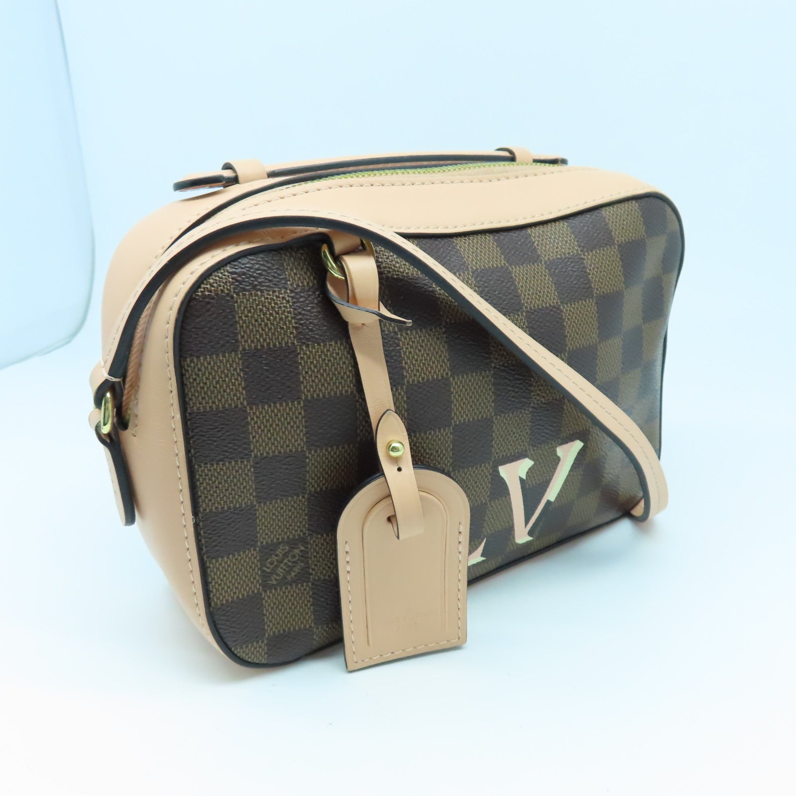 LOUIS VUITTON Damier Santa Monica金扣手挽肩背兩用袋棕色/粉紅色