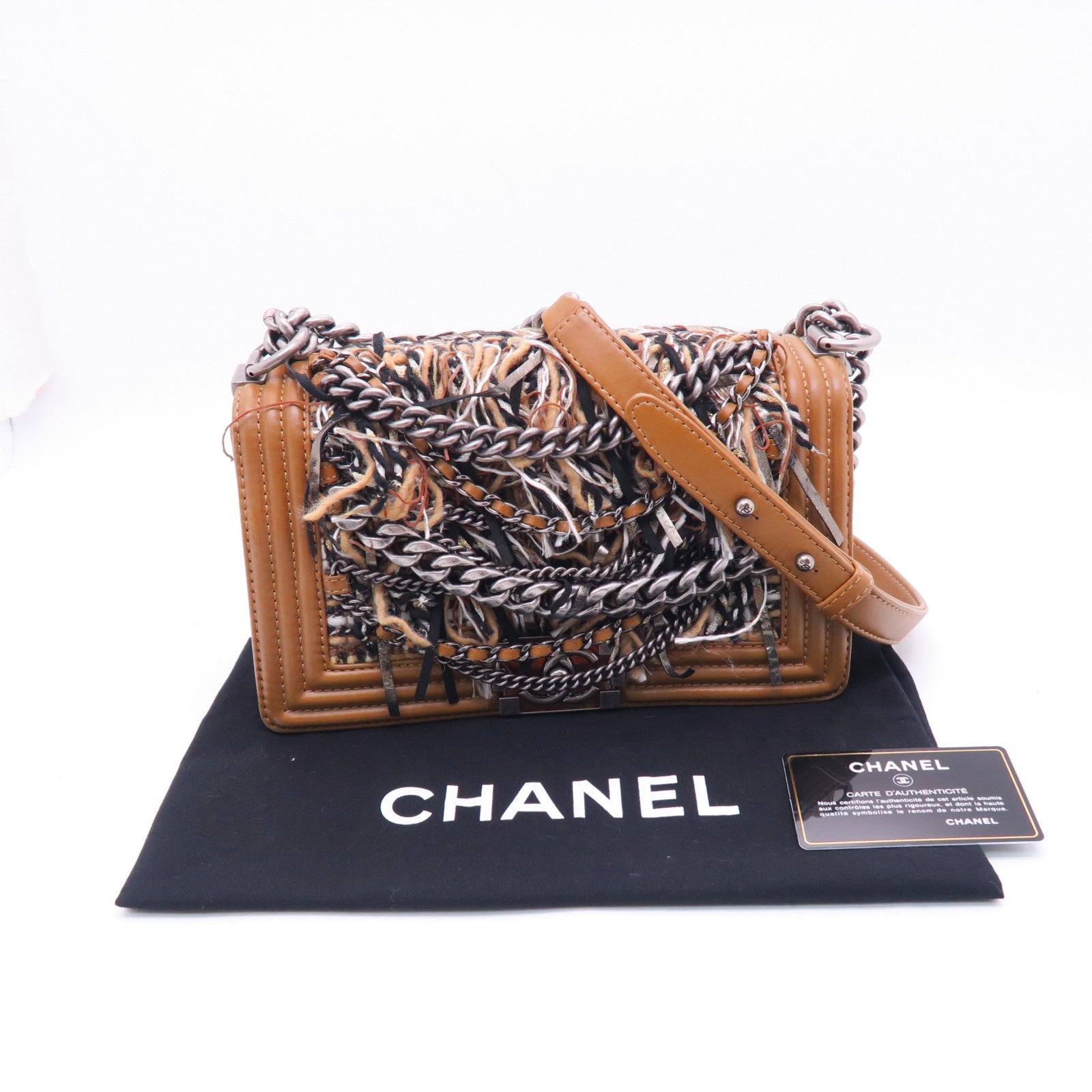 CHANEL Tweed/牛皮皮革Boy 25cm银扣肩背袋棕色