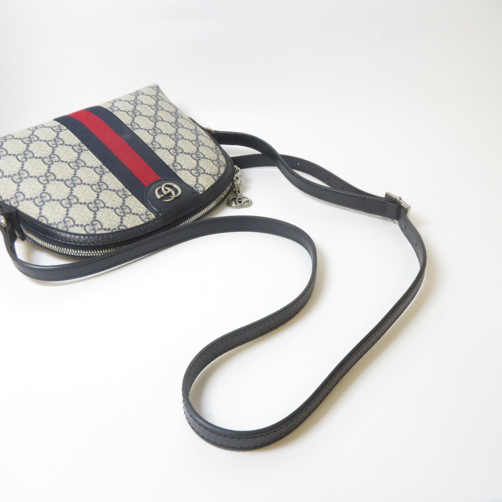 GUCCI 塗層帆布Ophidia GG銀扣肩背袋藍色/白色