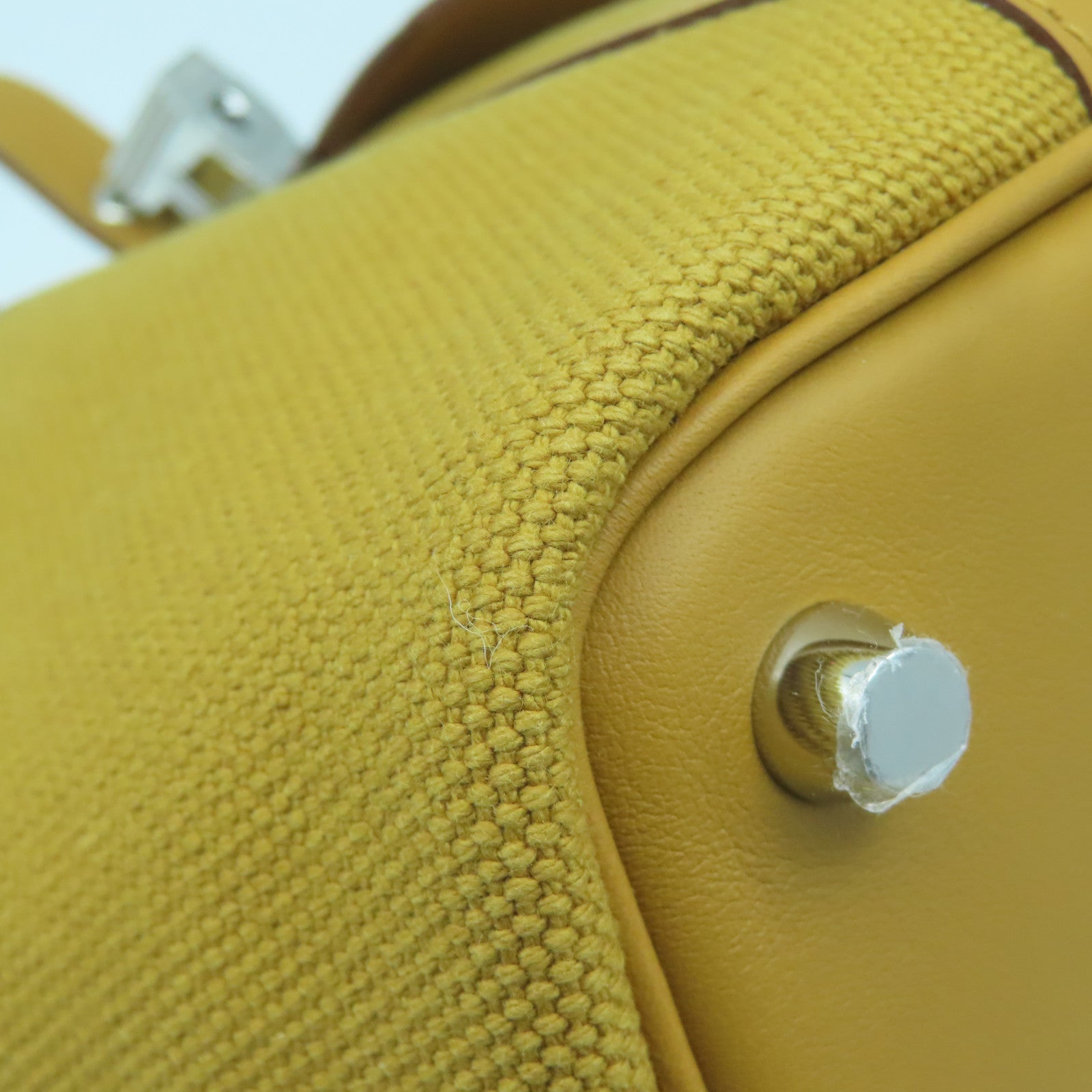 HERMES Swift Leather/Toile Geoland Canvas Picotin Cargo PM Silver Button Handle Bag Sesame
