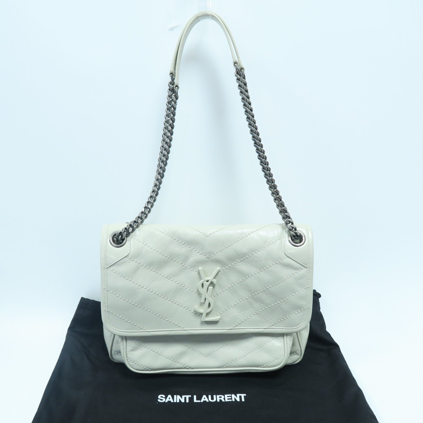SAINT LAURENT 斜紋牛皮皮革Niki銀扣肩背袋白色