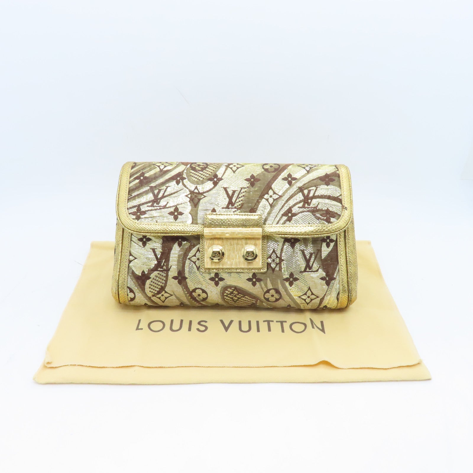 LOUIS VUITTON 絲質/蜥蝪皮革Brocade Thalie Clutch金扣手拿包金色