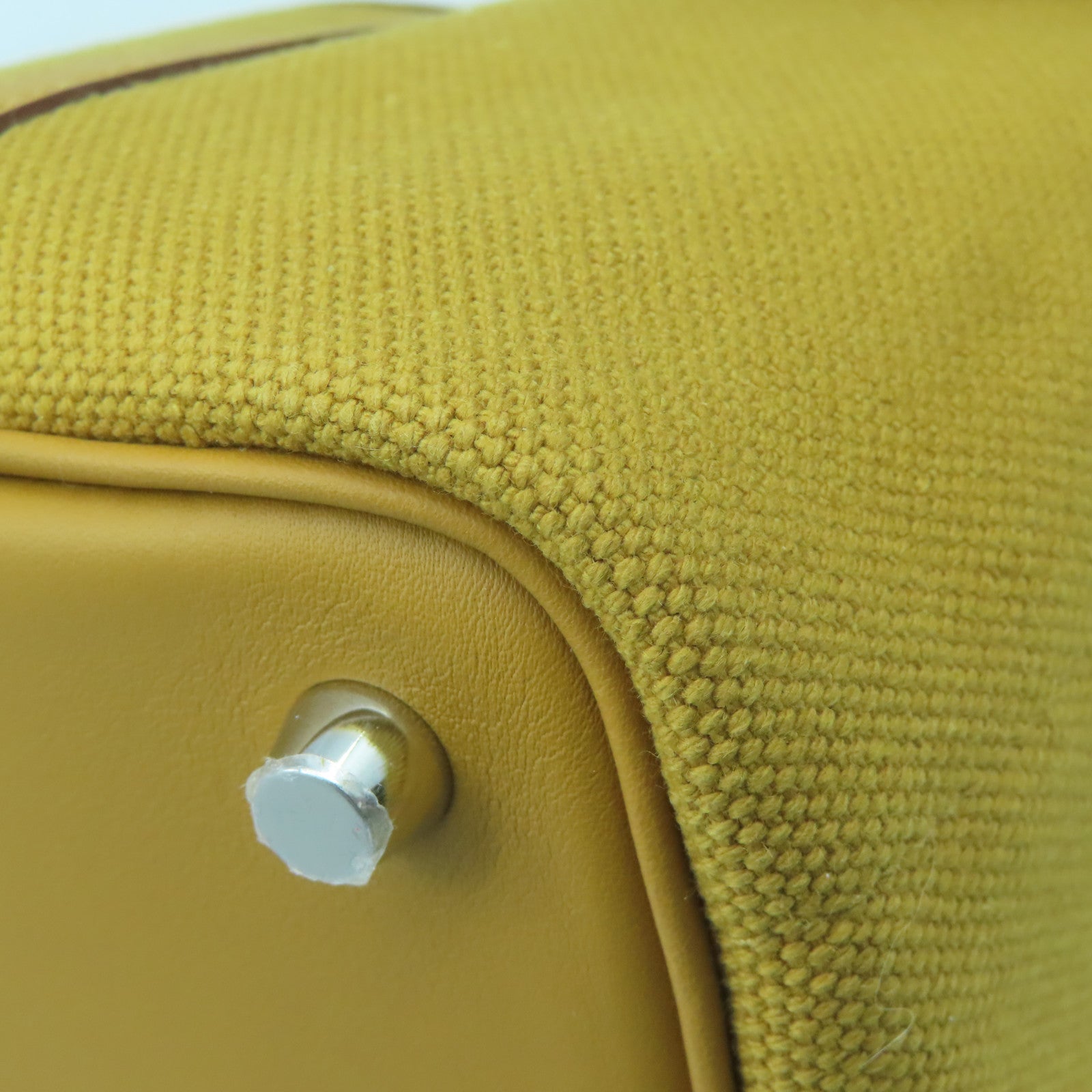 HERMES Swift Leather/Toile Geoland Canvas Picotin Cargo PM Silver Button Handle Bag Sesame