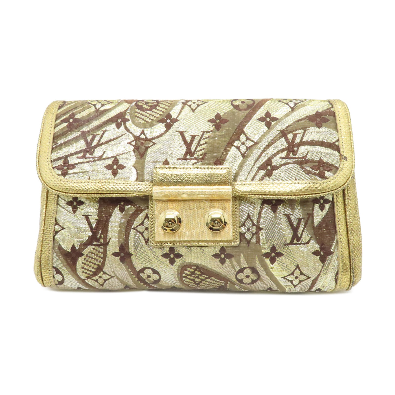 LOUIS VUITTON 絲質/蜥蝪皮革Brocade Thalie Clutch金扣手拿包金色