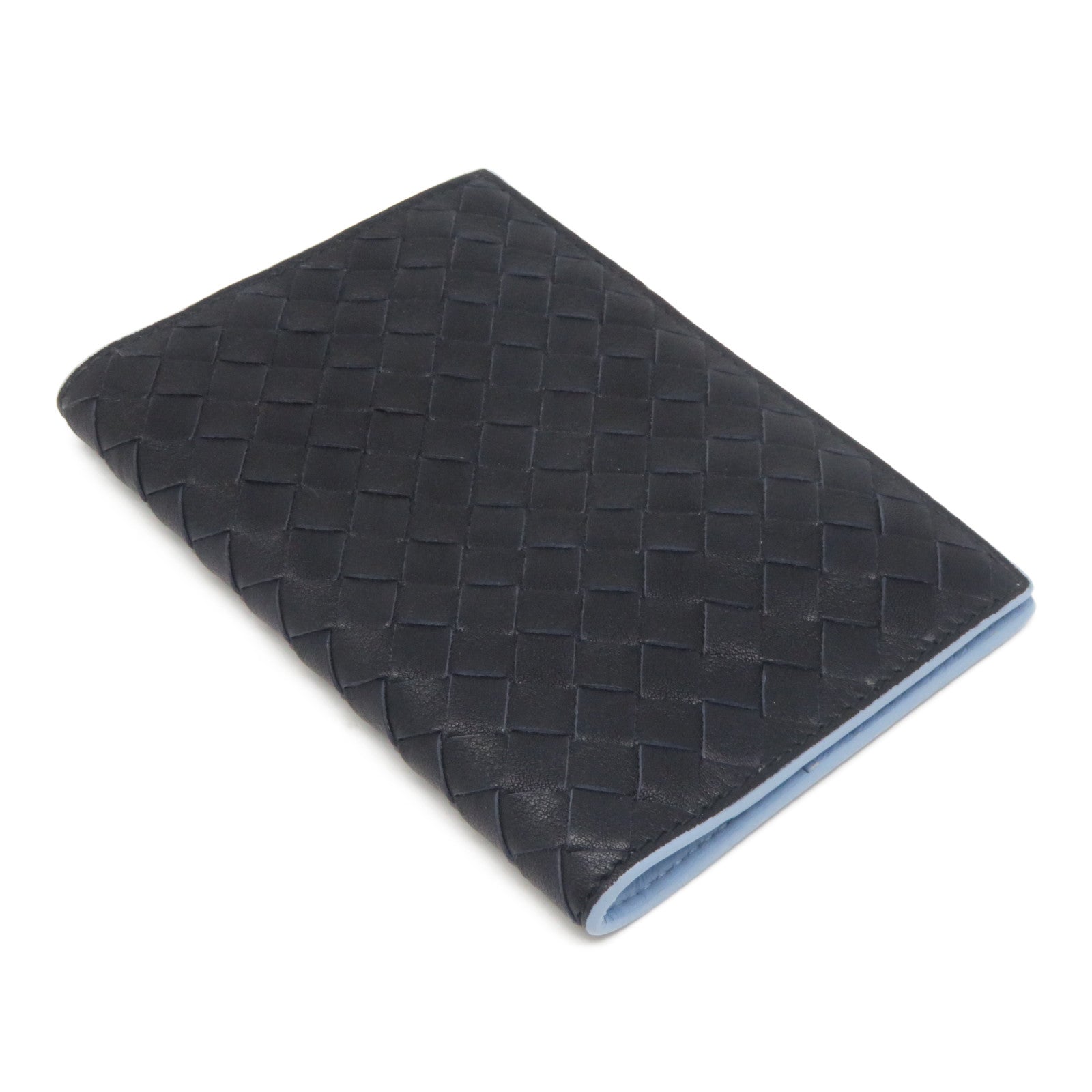 BOTTEGA VENETA 織紋皮革/牛皮皮革Passbook Case護照套黑色/藍色