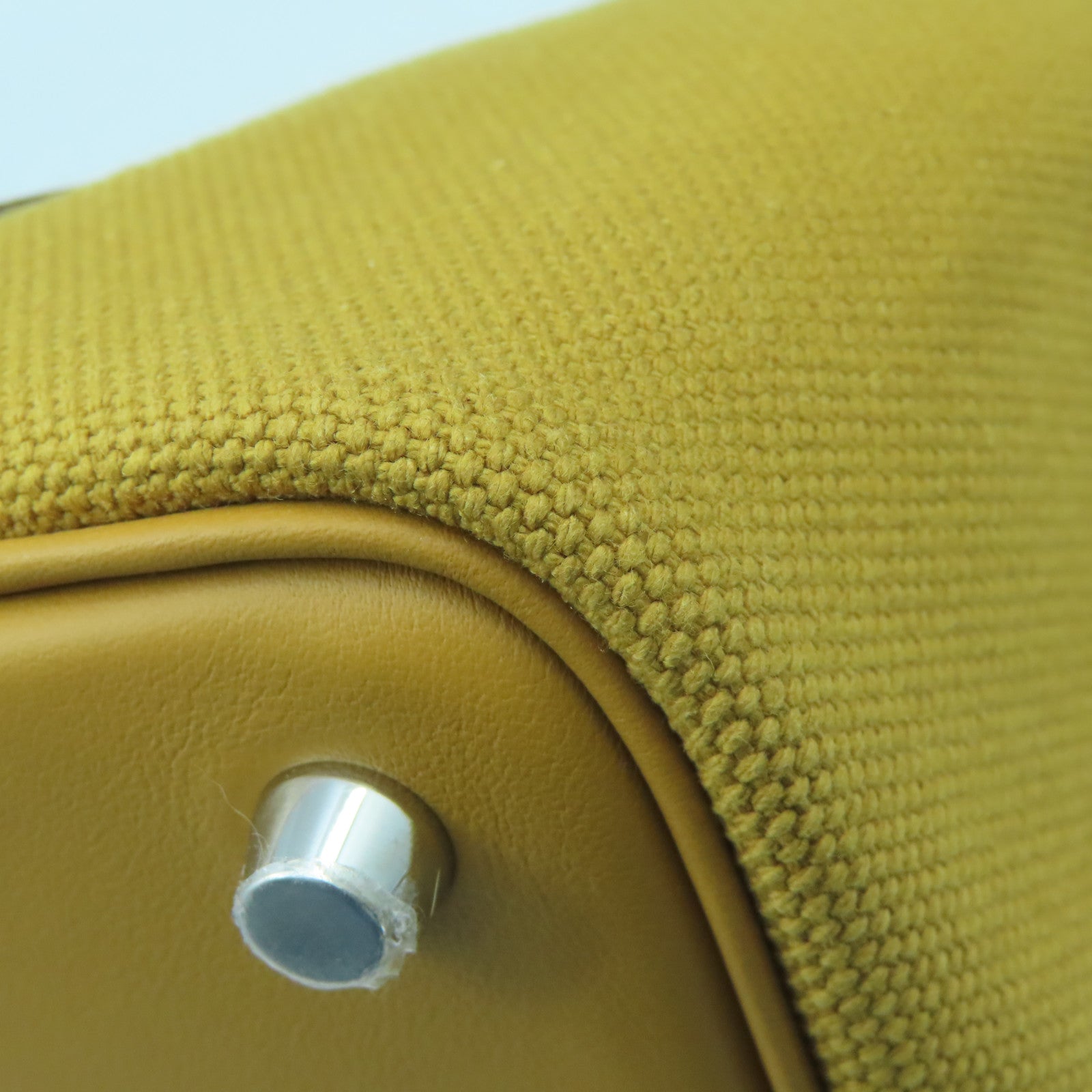HERMES Swift Leather/Toile Geoland Canvas Picotin Cargo PM Silver Button Handle Bag Sesame