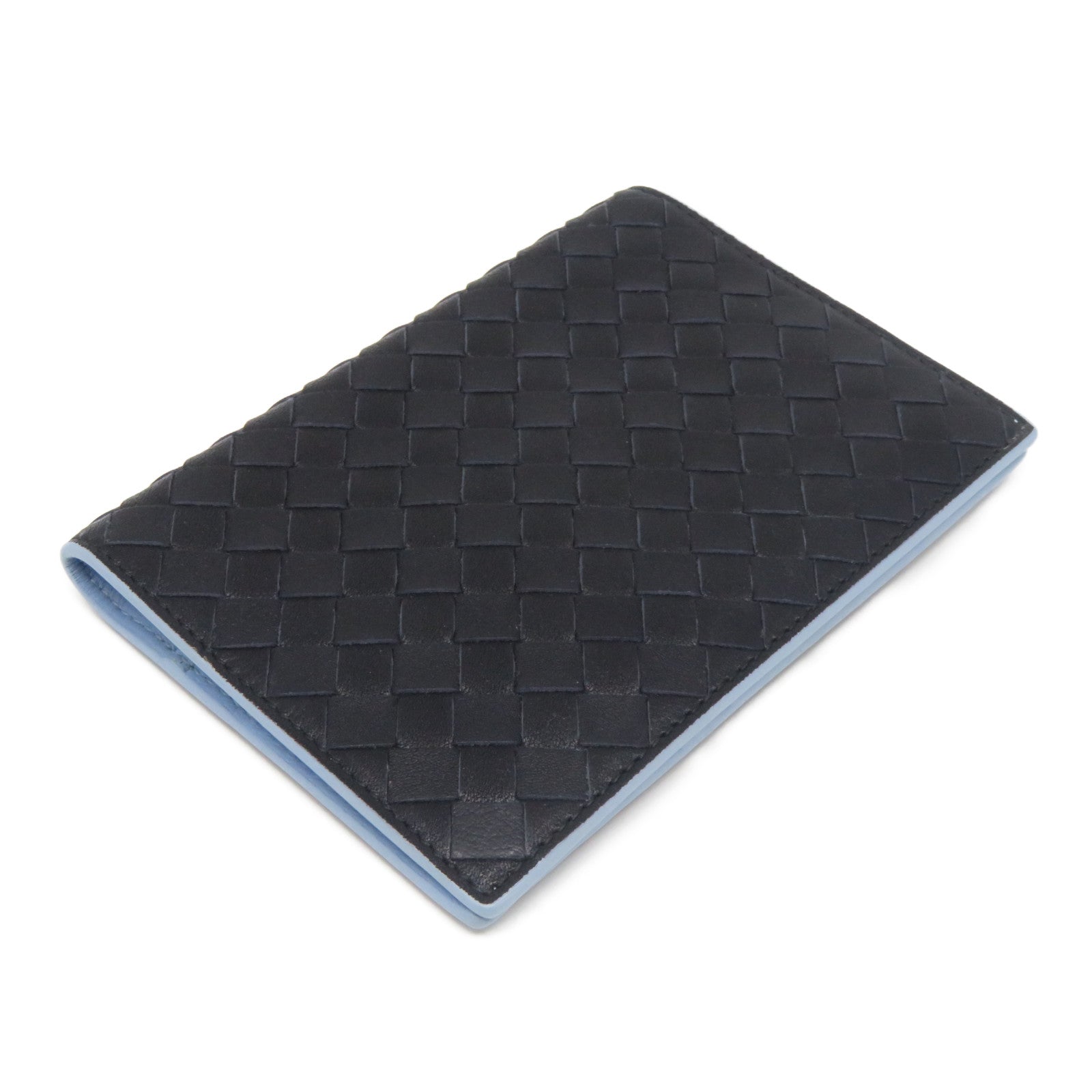 BOTTEGA VENETA 織紋皮革/牛皮皮革Passbook Case護照套黑色/藍色