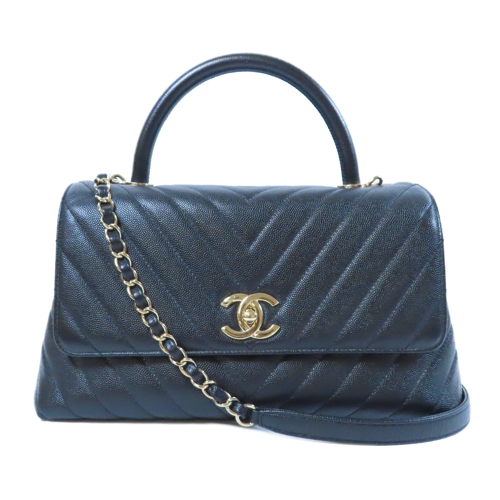 CHANEL 斜紋Caviar皮革2 Way Shoulder Bag金扣手挽肩背兩用袋黑色