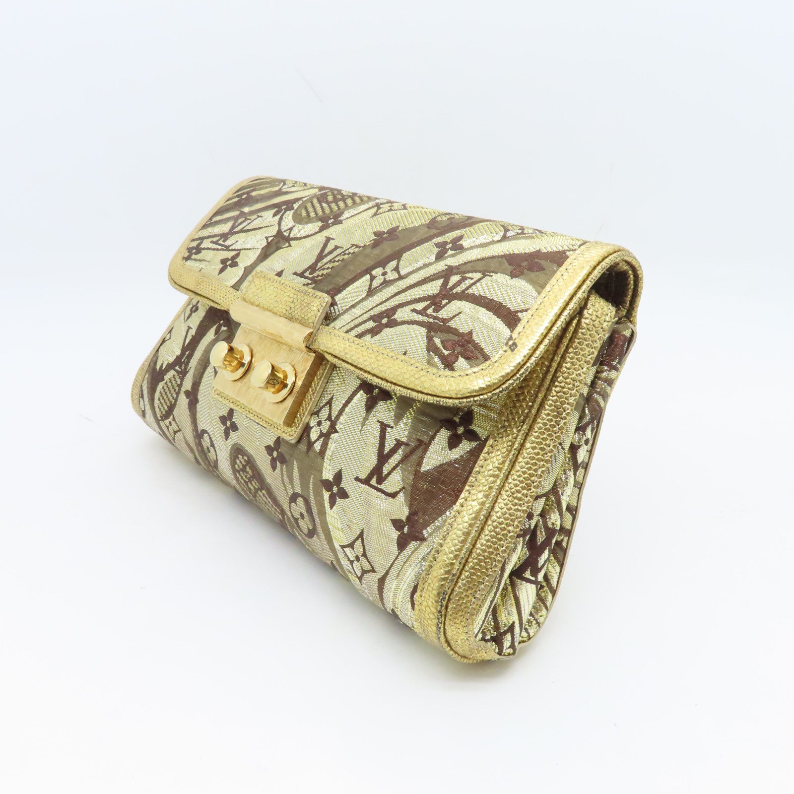 LOUIS VUITTON 絲質/蜥蝪皮革Brocade Thalie Clutch金扣手拿包金色
