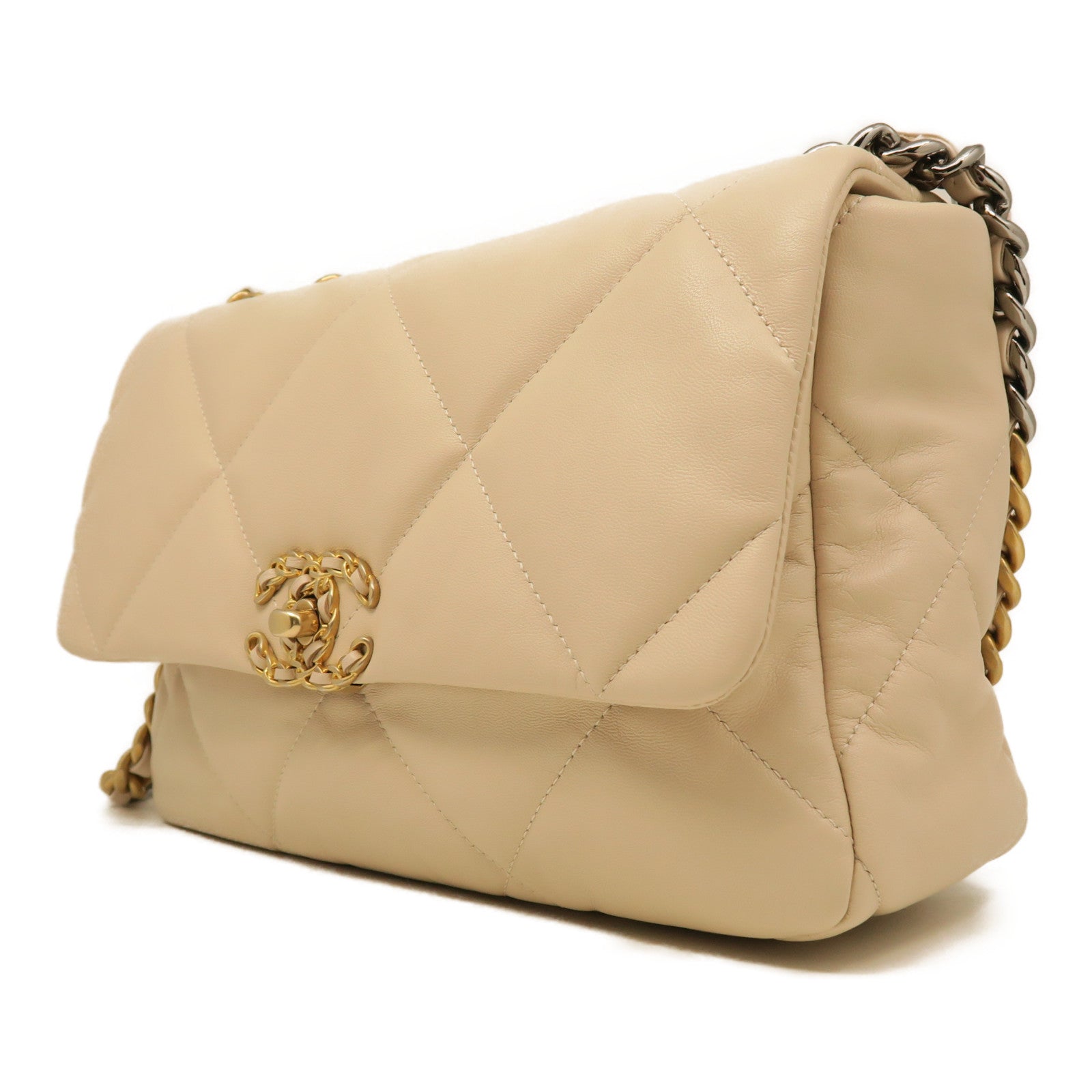 CHANEL rhombic sheepskin leather Chanel 19 Large gold buckle handle shoulder shoulder bag beige