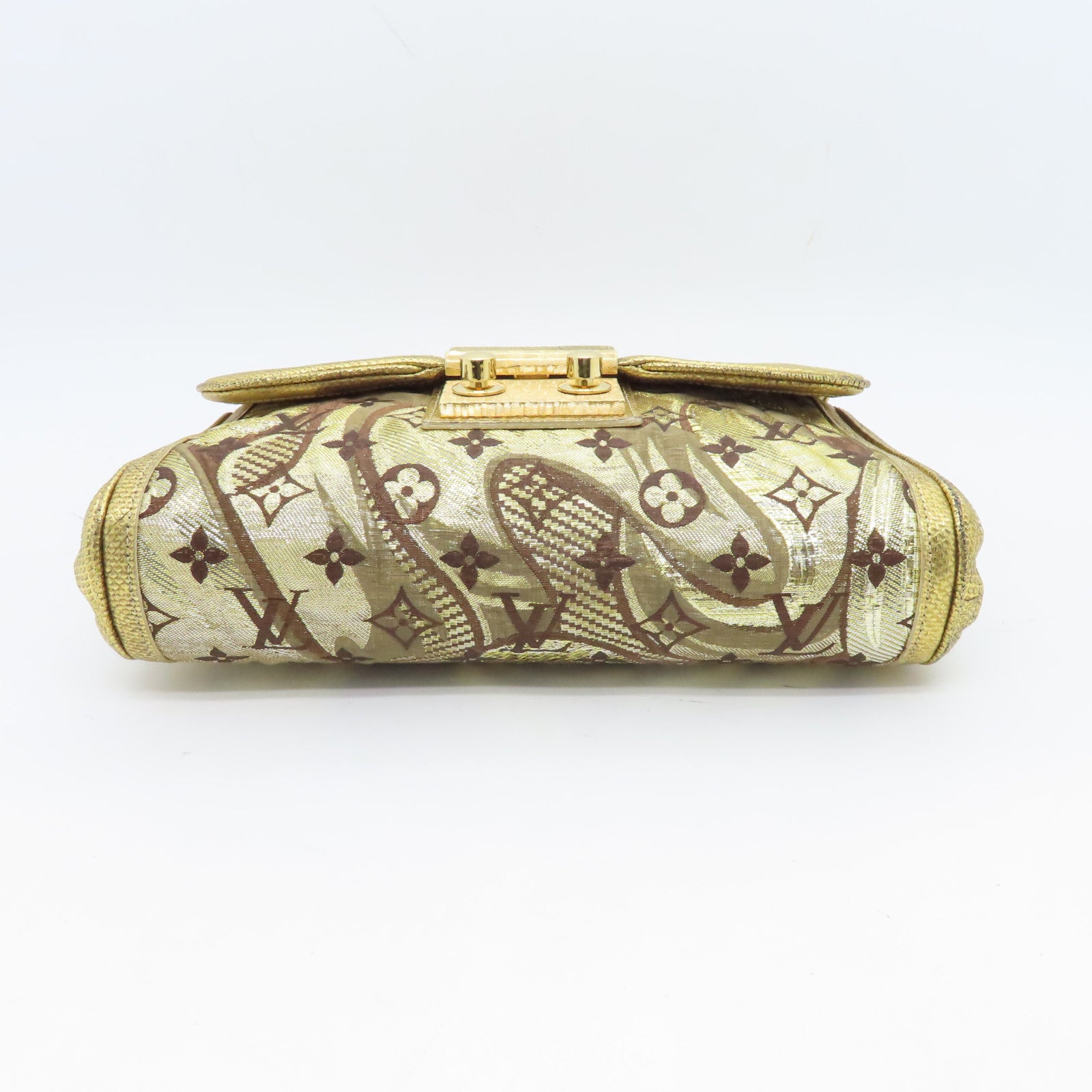 LOUIS VUITTON 絲質/蜥蝪皮革Brocade Thalie Clutch金扣手拿包金色