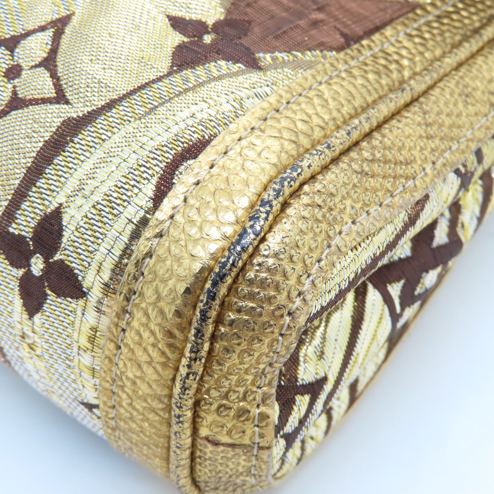 LOUIS VUITTON 絲質/蜥蝪皮革Brocade Thalie Clutch金扣手拿包金色
