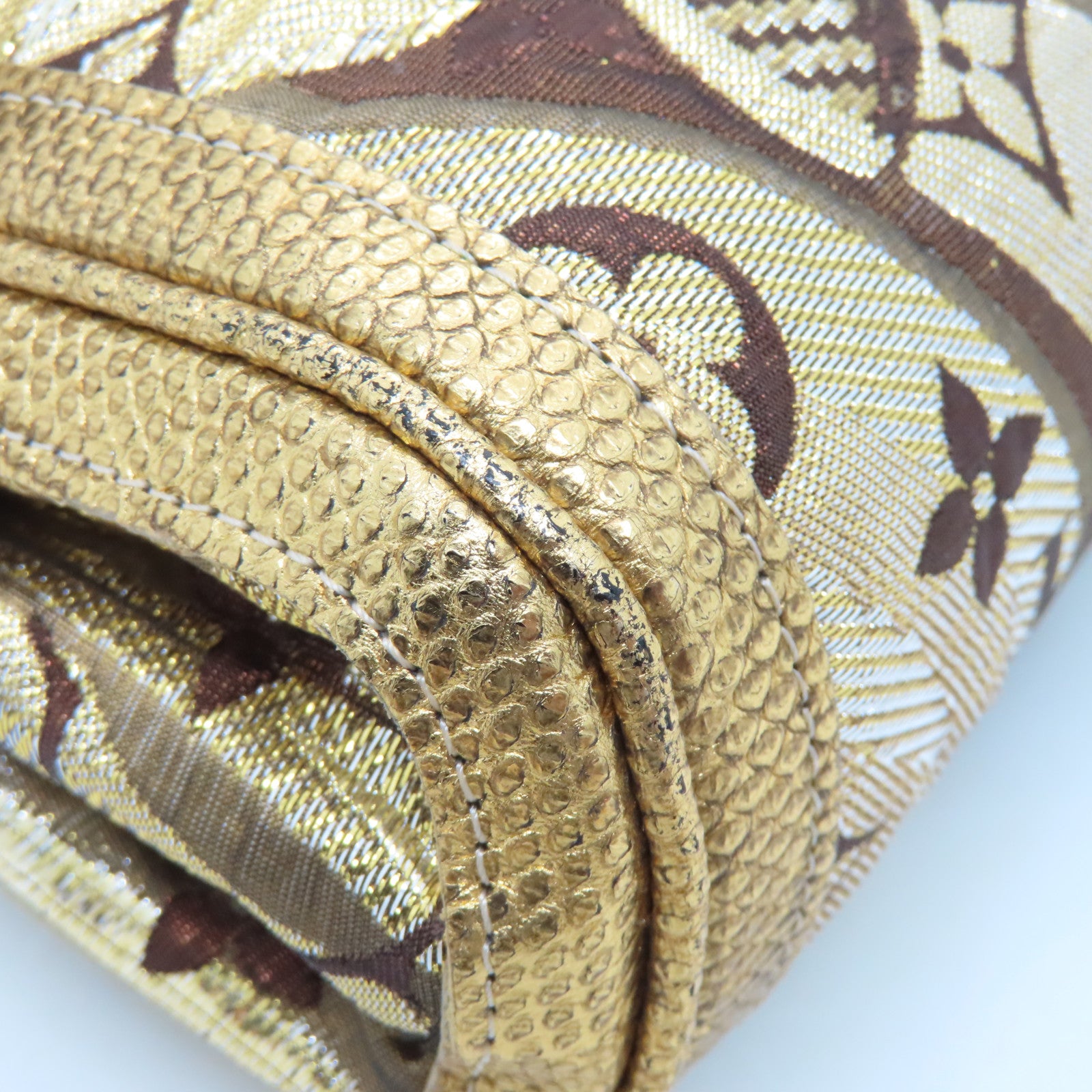 LOUIS VUITTON 絲質/蜥蝪皮革Brocade Thalie Clutch金扣手拿包金色