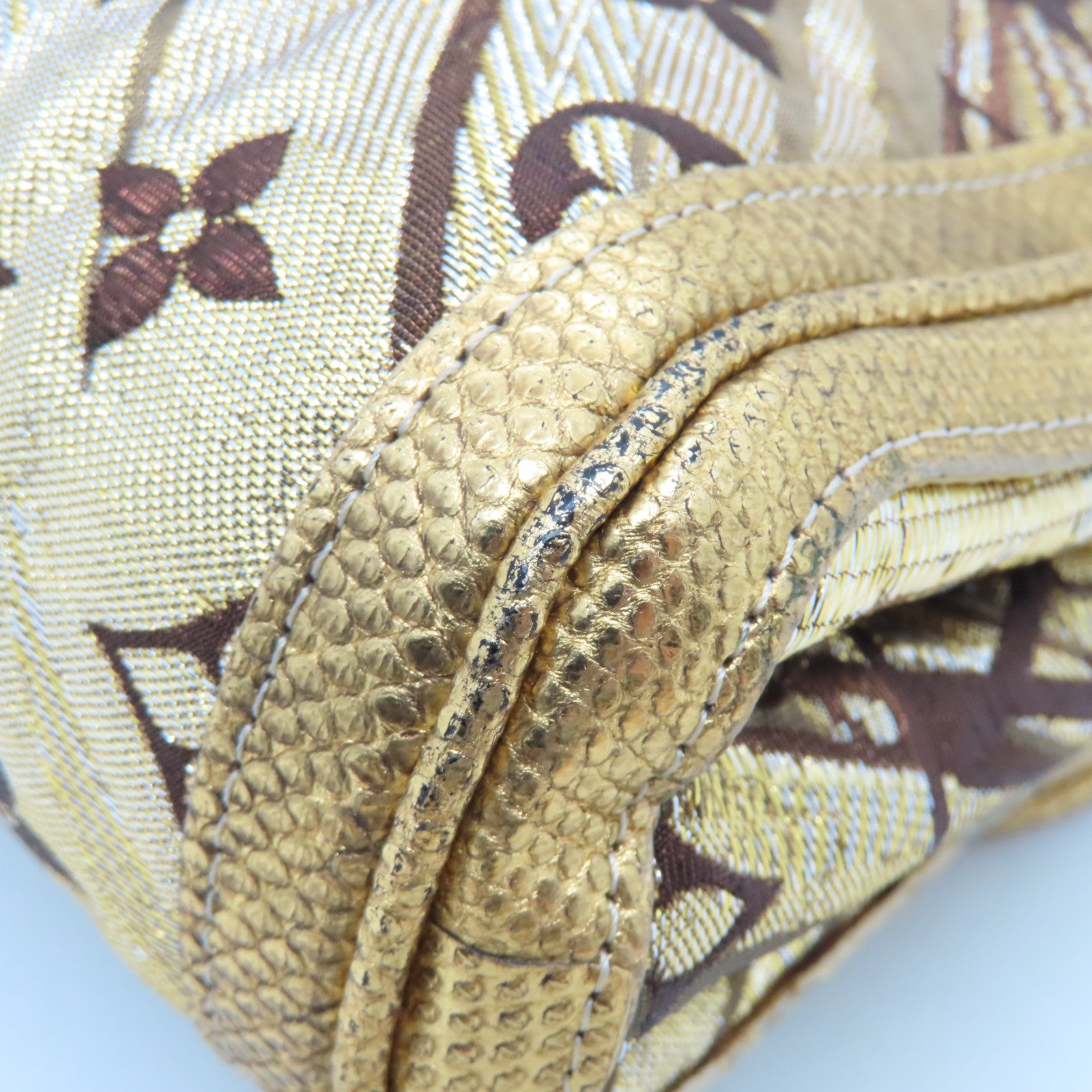 LOUIS VUITTON 絲質/蜥蝪皮革Brocade Thalie Clutch金扣手拿包金色