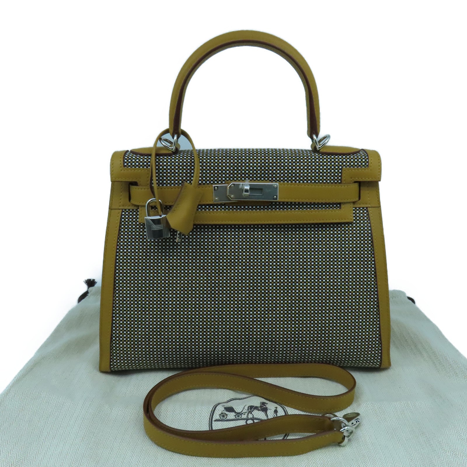 HERMES Toile Quadrille Kelly 28 Silver Button Handle Bag Brown