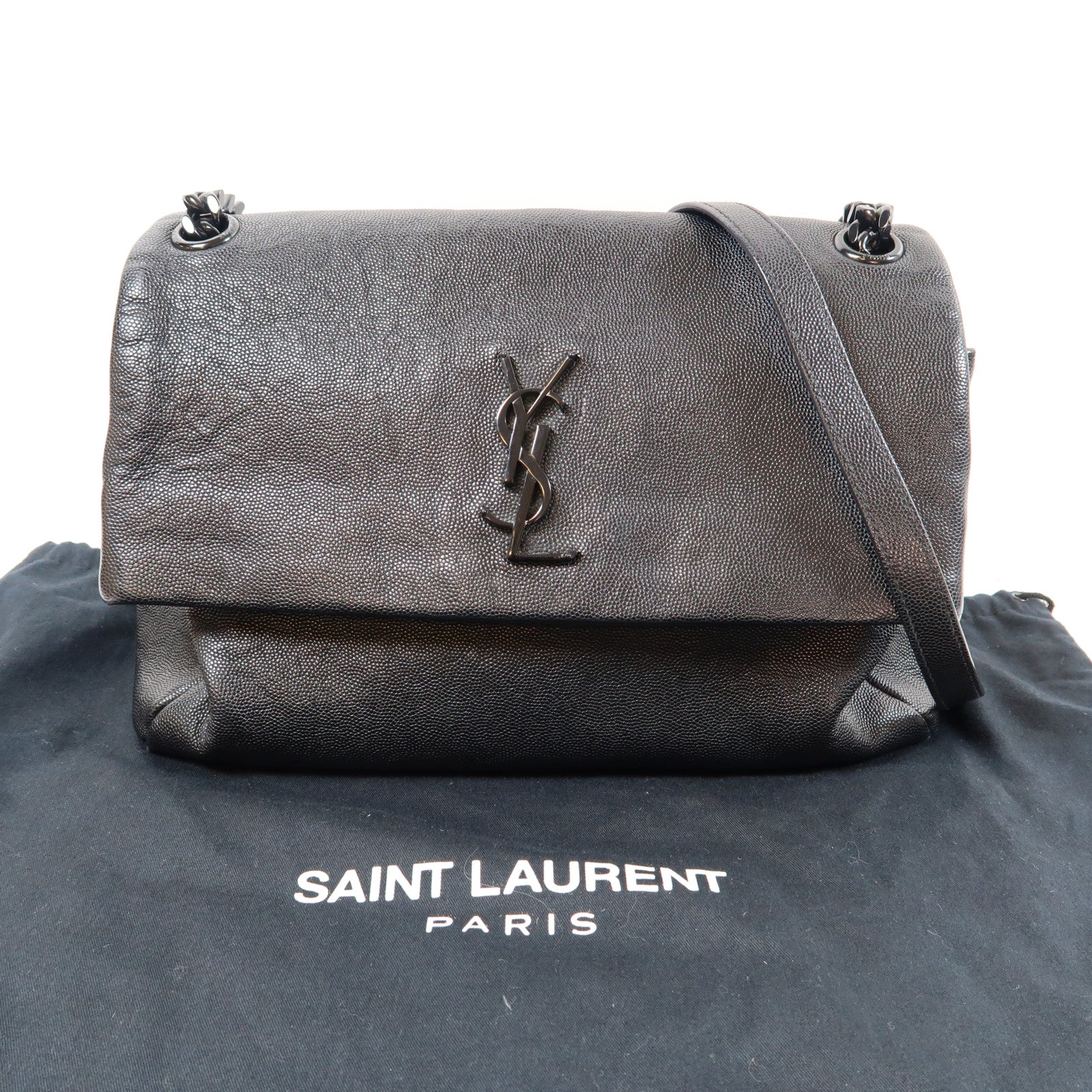 YVES SAINT LAURENT 牛皮皮革Shoulder Bag銀扣肩背袋黑色